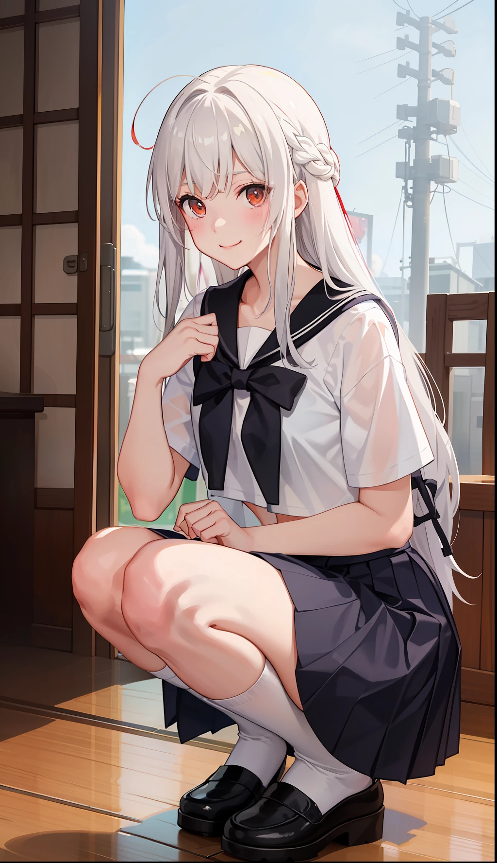 1girl in、A smile、The shirt、skirt by the、(small tits)Chilarism、Japan High School Student Uniform、serafuku、summer clothing、Squall Drenched Uniform、(Sheer Bra)、Upper body portrait、White hair、Squatting panchira、