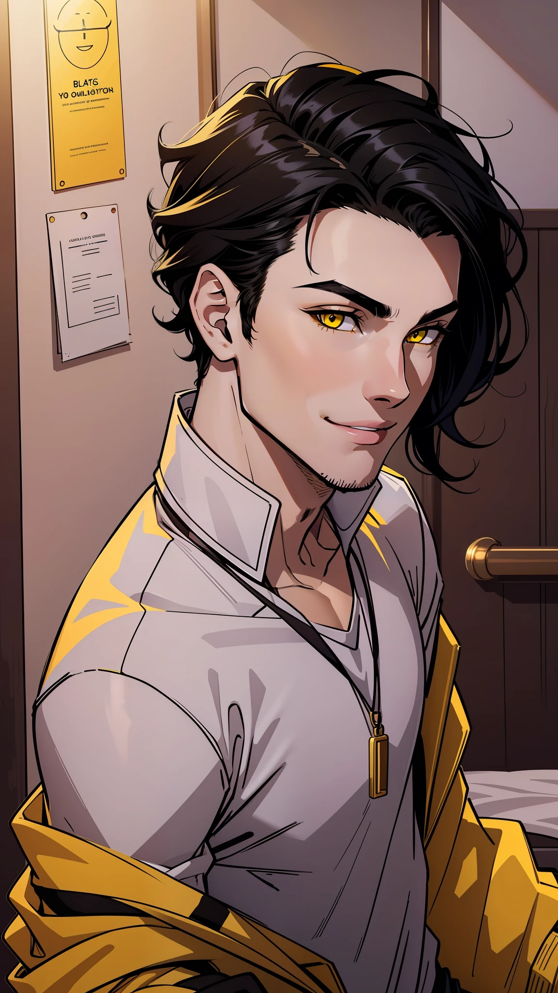 Young guy. black  hair. Yellow eyes. ssmile