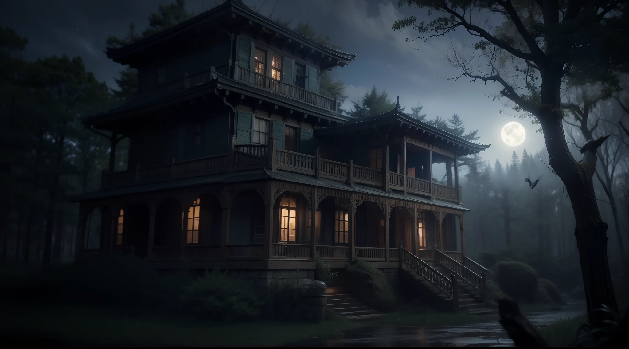 Deep in the dark and mysterious forest、Spooky Western-style building、mystical、magia、Very realistic, Photography, One-person viewpoint, Super Detail, high detailing, High quality, 8K