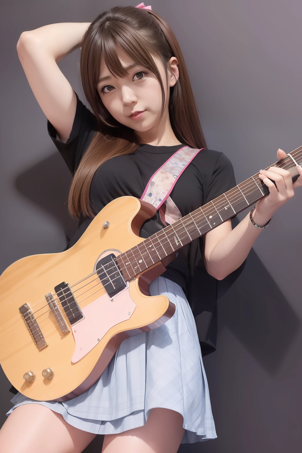 Anime girl with guitar and skirt, marin kitagawa fanart, bassist, kurisu makise, Umamusume, nishimiya shouko, Suzumiya Haruhi, anime cover, By Yasutomo Oka, chiho, Hinata Hyuga, shinkai makoto, guitarrist, guitar solo, iwakura lain, (Anime Girl)
