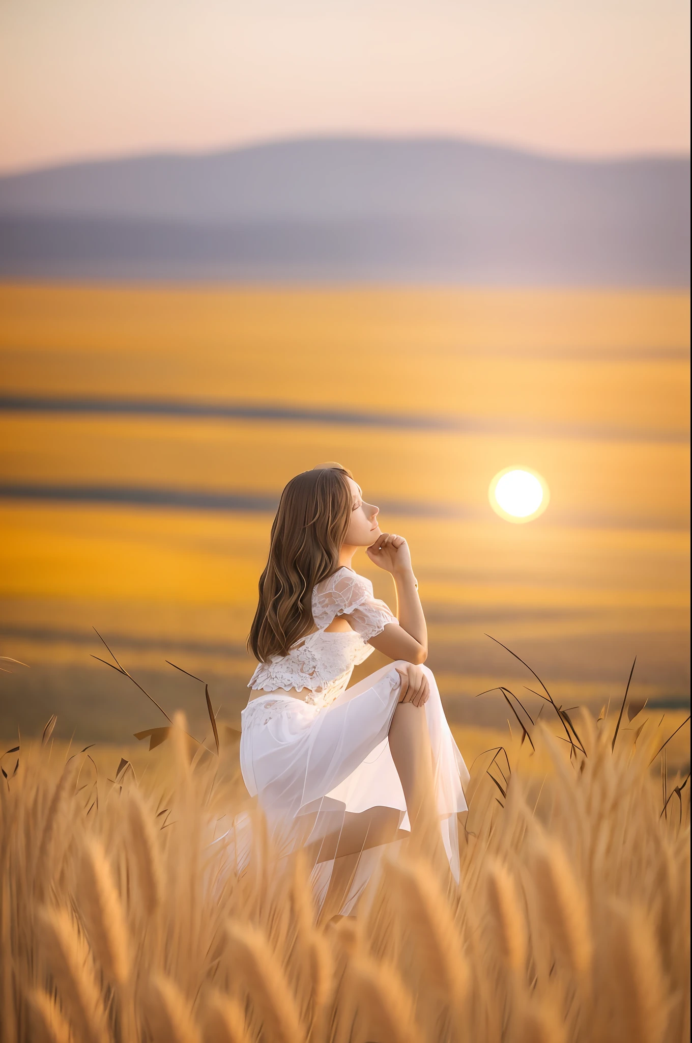 Sunset, evening glow, distant view, realistic and rich colors, gorgeous and colorful wide-angle lens, evening shooting, positive film, naturalistic style, high resolution shooting, 18 years old pretty girl standing, beautiful girl, dress with white frills, long hair, long hair, silent expression, whole body, standing, big breasts, wheat field, sheer dress, underwear is transparent, small underwear, Lace underwear