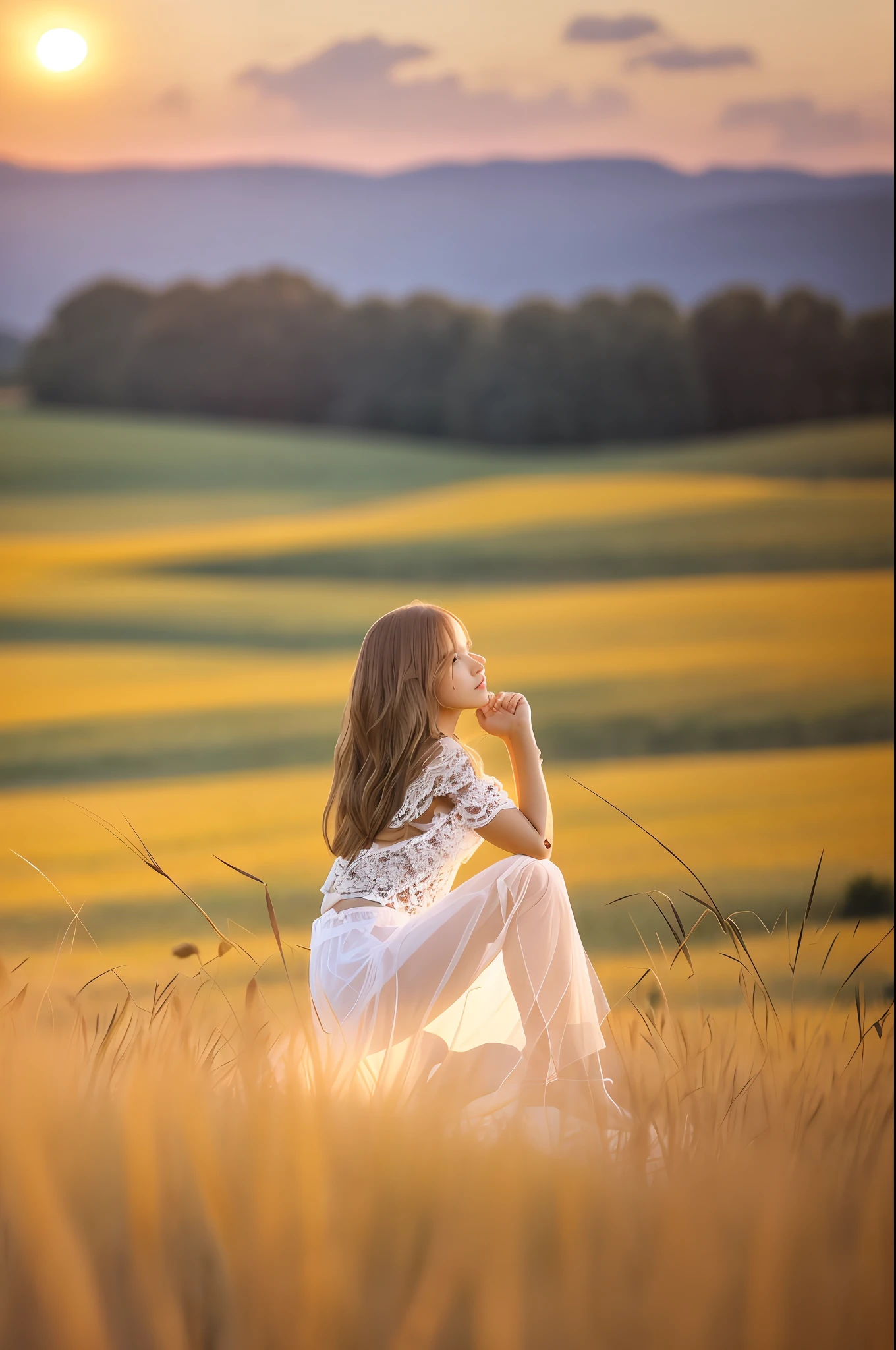 Sunset, evening glow, distant view, realistic and rich colors, gorgeous and colorful wide-angle lens, evening shooting, positive film, naturalistic style, high resolution shooting, 18 years old pretty girl standing, beautiful girl, dress with white frills, long hair, long hair, silent expression, whole body, standing, big breasts, wheat field, sheer dress, underwear is transparent, small underwear, Lace underwear