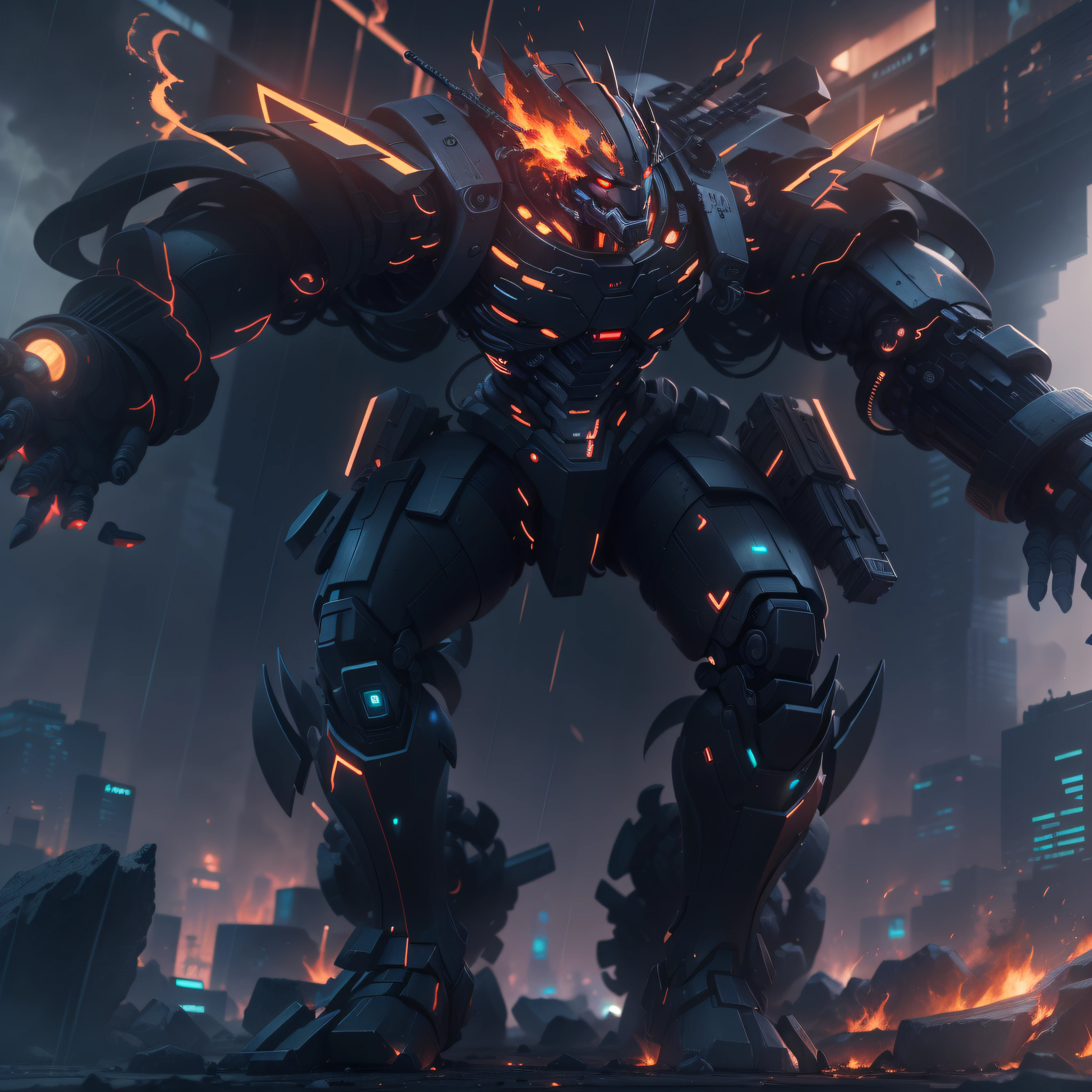 1 giant black robot, slick design  cyberpunk, stunning gradient colors, stylized, ((battle pose, battle stance)) smoke, fire, raining
anime, masterpiece, best quality,   (extremely detailed CG unity 8k wallpaper), (best quality), (best illustration), (best shadow), absurd res, realistic lighting, beautiful detailed glow