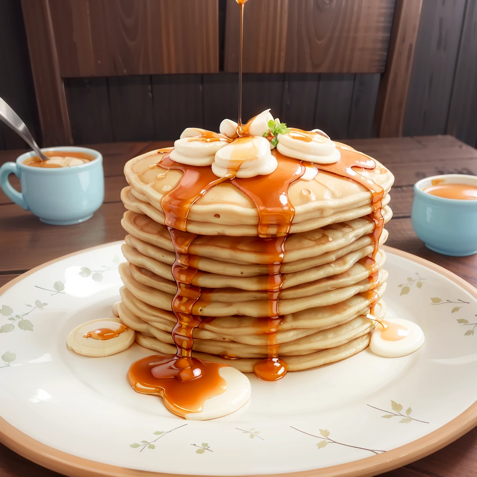masterpiece, high quality, best quality, pancakes poured with maple syrup, (thin pancakes), foodphoto,