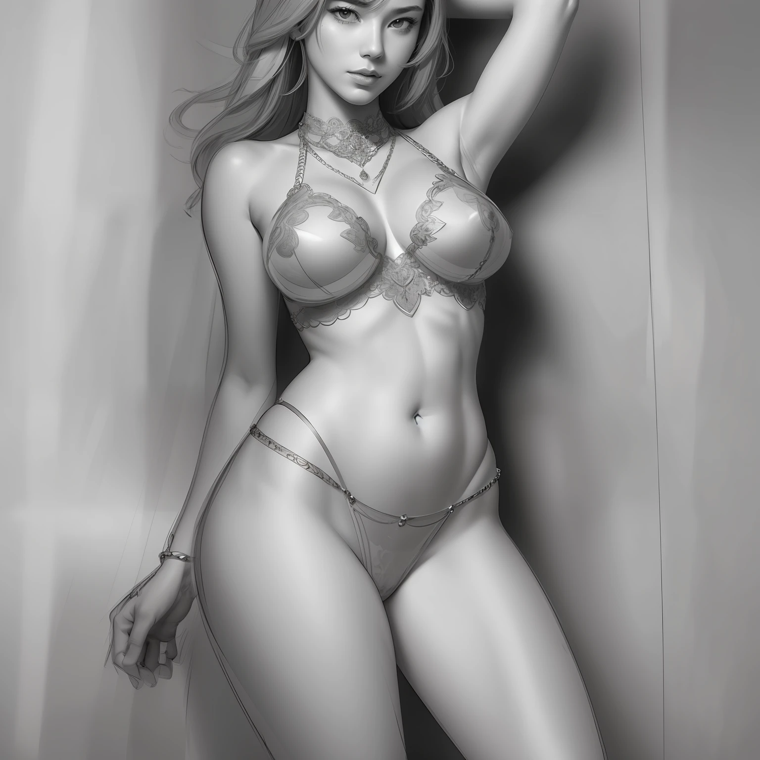 Masterpiece, Masterpiece, Long hair, Beauty, Belly pocket, Delicate face portrayal 8kHD, Highest image quality, Crazy detail, portrayal Bubble decoration, Clear and transparent, Rich picture, line drawing, (white background:1.1), (sketch:1.9), (line art:1.9), (extremely intricate:1.2), (monochrome:1.1), (lineart:1.2), by frank cho and Adam Hughes, (bare midriff), (bare shoulders), (bare thighs), (elegant hands), (toned stomach:1.1), waist chain, belly chains, (thong Crystal Body Chain Jewelry Harness), (nearly naked:1.2), (big breasts:1)