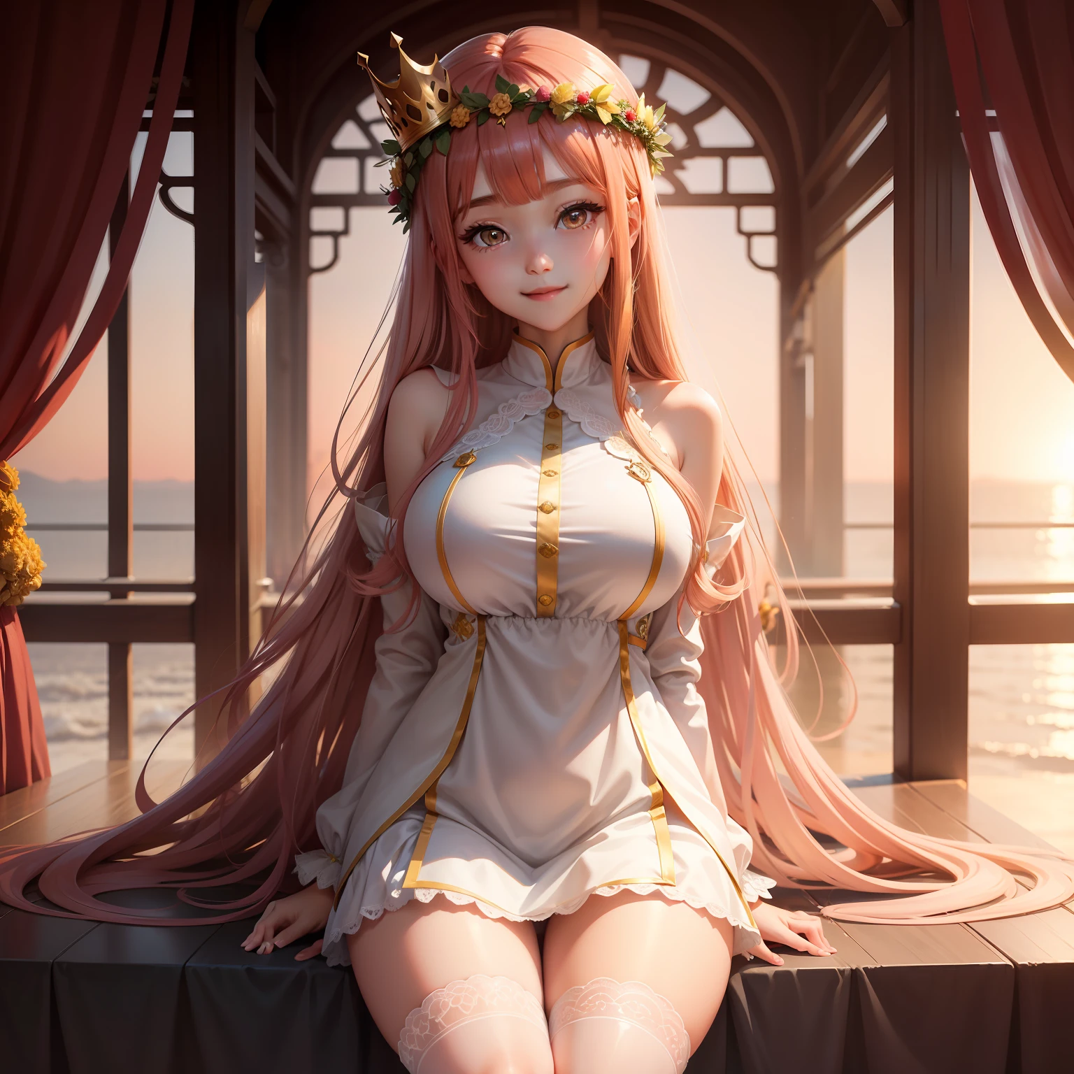 Sparkling pupils,ssmile,long whitr hair,Dull hair,1个Giant Breast Girl,ssmile,redheadwear,crown of head,lacing,Lace wreath on the legs,setting sun,火焰,in a panoramic view