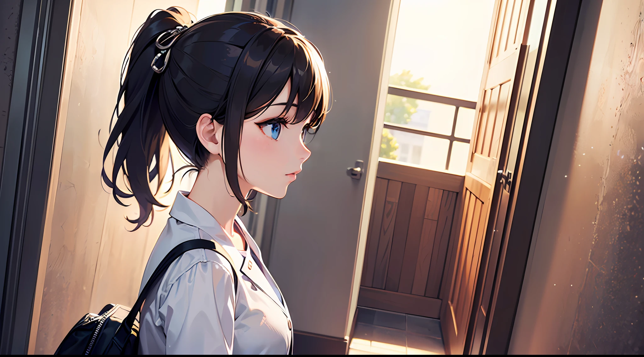 (Masterpiece, top quality, super detailed CG, ultra detailed beautiful face and eyes, super detailed, intricate details:1.2), 8k wallpapers, elaborate features,
(1 person, solo:1.4)perfect cartoon illustration,(1 person, solo:1.4)
(realistic textures:0.8), high res, cute, (vivid colors, dynamic lighting:1.0), (high contrast:0.8),
Perfect animated illustration, only one young woman, high school teacher, age late 20s, pretty face (profile), confident expression, ponytail, rough clothes (skirt and white blouse), light science lab coat over clothes, time afternoon, sunny The place is a hallway in the school, so that the whole body is in the illustration