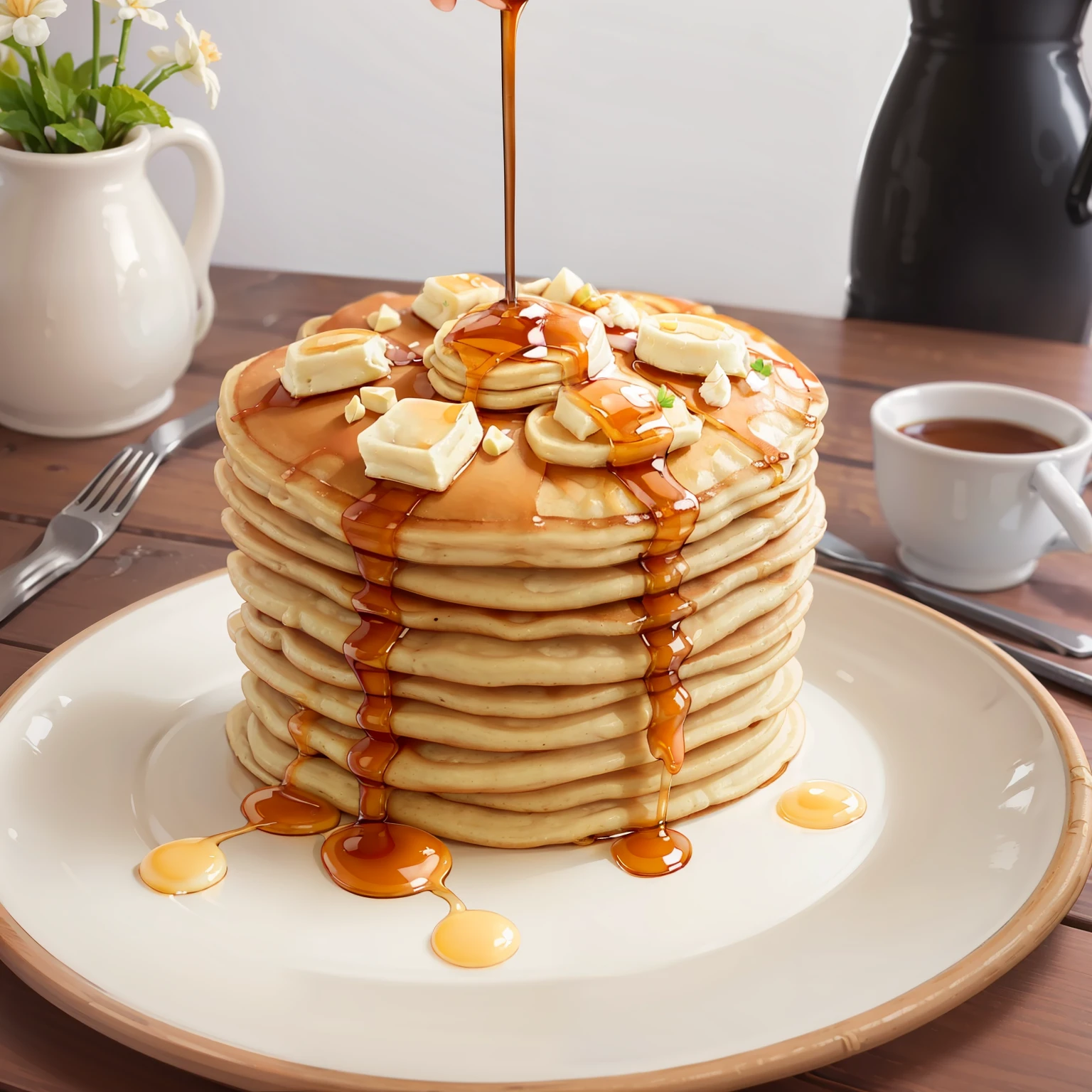 masterpiece, high quality, best quality, pancakes poured with maple syrup, (thin pancakes), foodphoto,