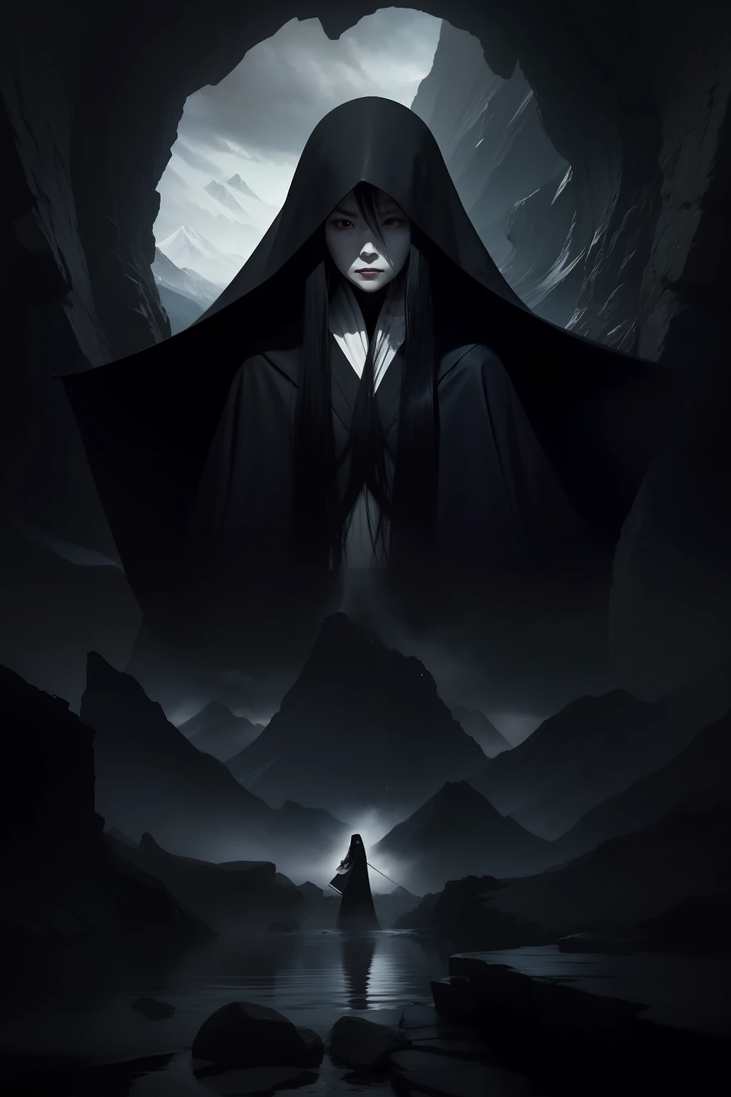 Woman with a cloak，The face looms，Scythe in hand，Very high，Long hair covers the face，terroral，Get wet，No face to see，hole in the mountains，Sadako