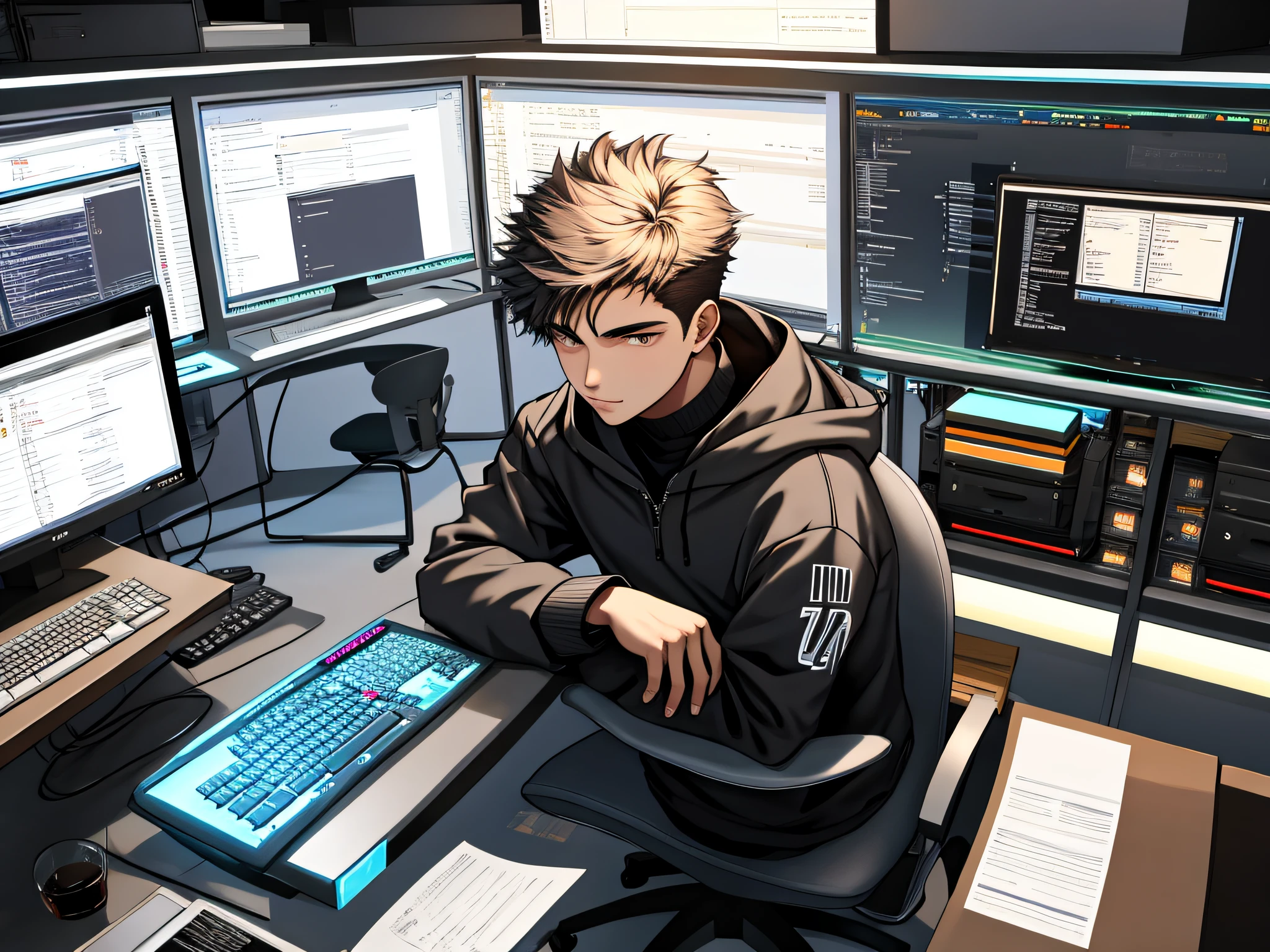 A 25-year-old boy, table, computer, code