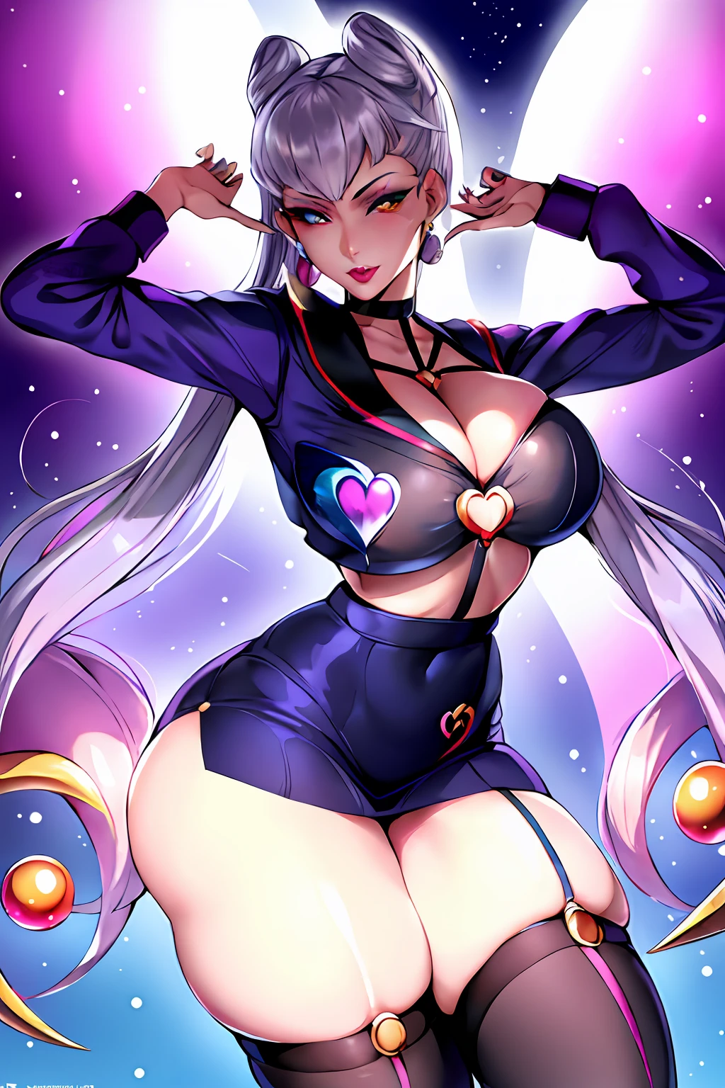 EvlSM, sailor senshi uniform, crescent, crescent facial mark, makeup, lipstick, mascara, eyeshadow, long legs, 1girl, best quality, masterpiece, highres, big tits, big ass, thick thighs, hot cleavage, shocked face