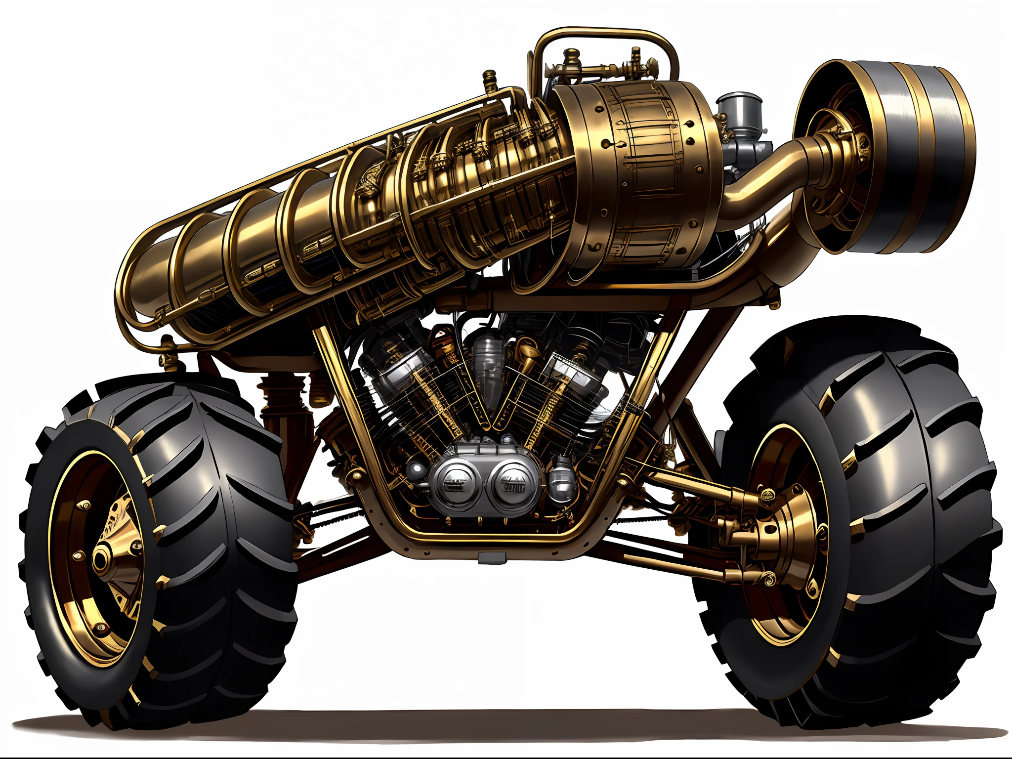 Steampunk monster trucks、from side view、brass、steel、Great photos of pipes、White background