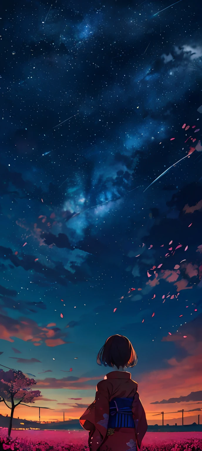 1girl, a distant girl in a kimono staring at the stars, (zoomed out: 1.1), (meteor shower: 1.2), (comet: 1.1), your name, low angle, from behind, northern lights, shooting stars, yukata, red kimono, cherry blossoms, Standing in the field, best quality, masterpiece, cloud, colorful, starry, stars,