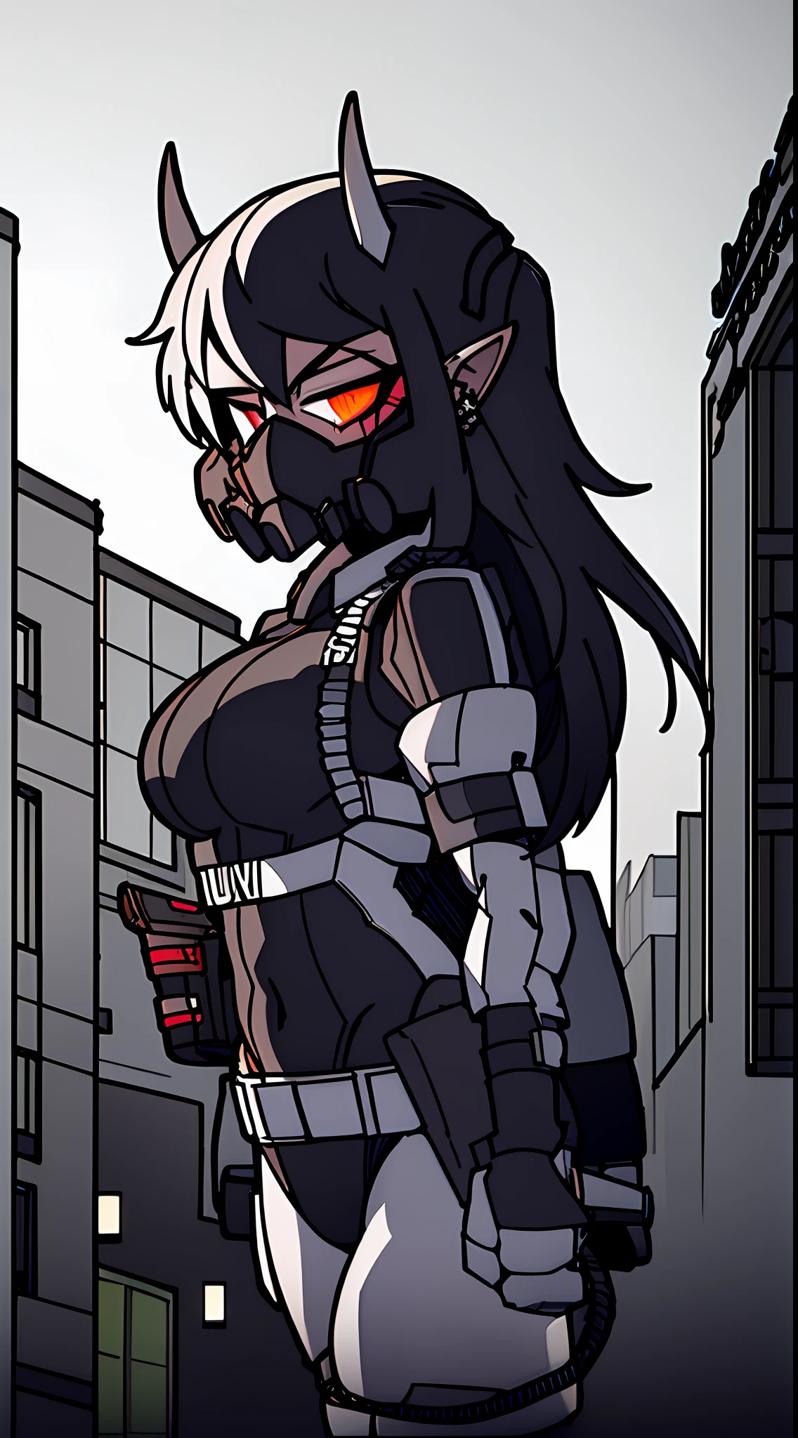 1girl, solo, mature woman, pointy ears, breasts, wide hips, thick thighs, blush, blushing, horns on head, demon tail, large breasts, dynamic angle, sharp focus, standing, heterochromia, 8k resolution, city, night, moon light, neon lights, cyberpunk, ghost in the shell, black latex suit, chest rig, holster, straps, knee pads, toolbelt, pouches, high quality shadows, glowing eyes, looking at viewer, science fiction, lens flare, night vision goggles, balaclava, ski mask, zip up, combat boots, black gloves, skyscraper windows, turtle neck collar, high collar, satchel, hands in pockets, shirt pocket, stealth suit, sci fi architecture, digital building, tech wear, cables, cybernetics, body armor, patch, armor plates, covered face, concealed face, techpunk,