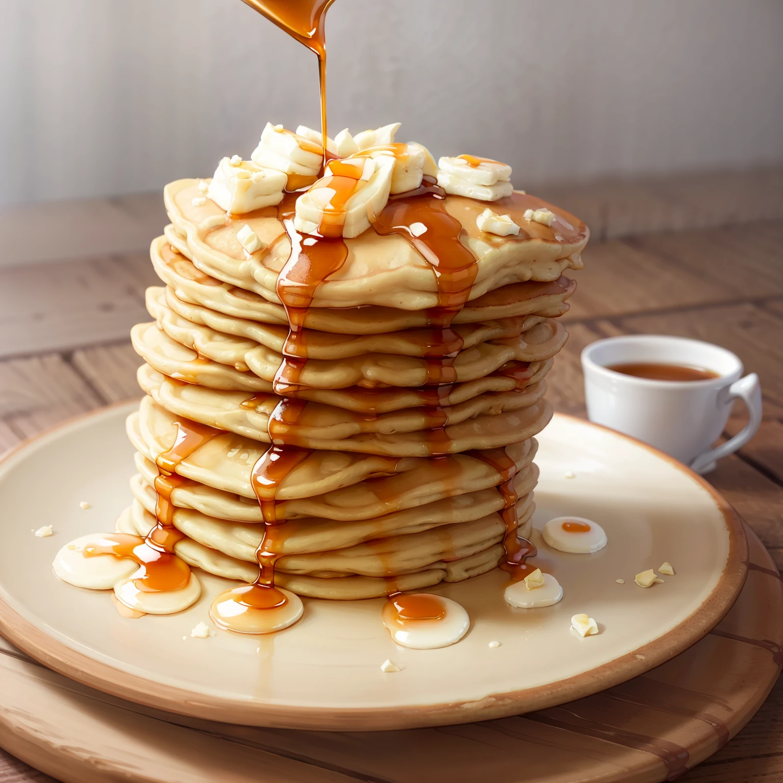 masterpiece, high quality, best quality, pancakes poured with maple syrup, (thin pancakes), foodphoto,