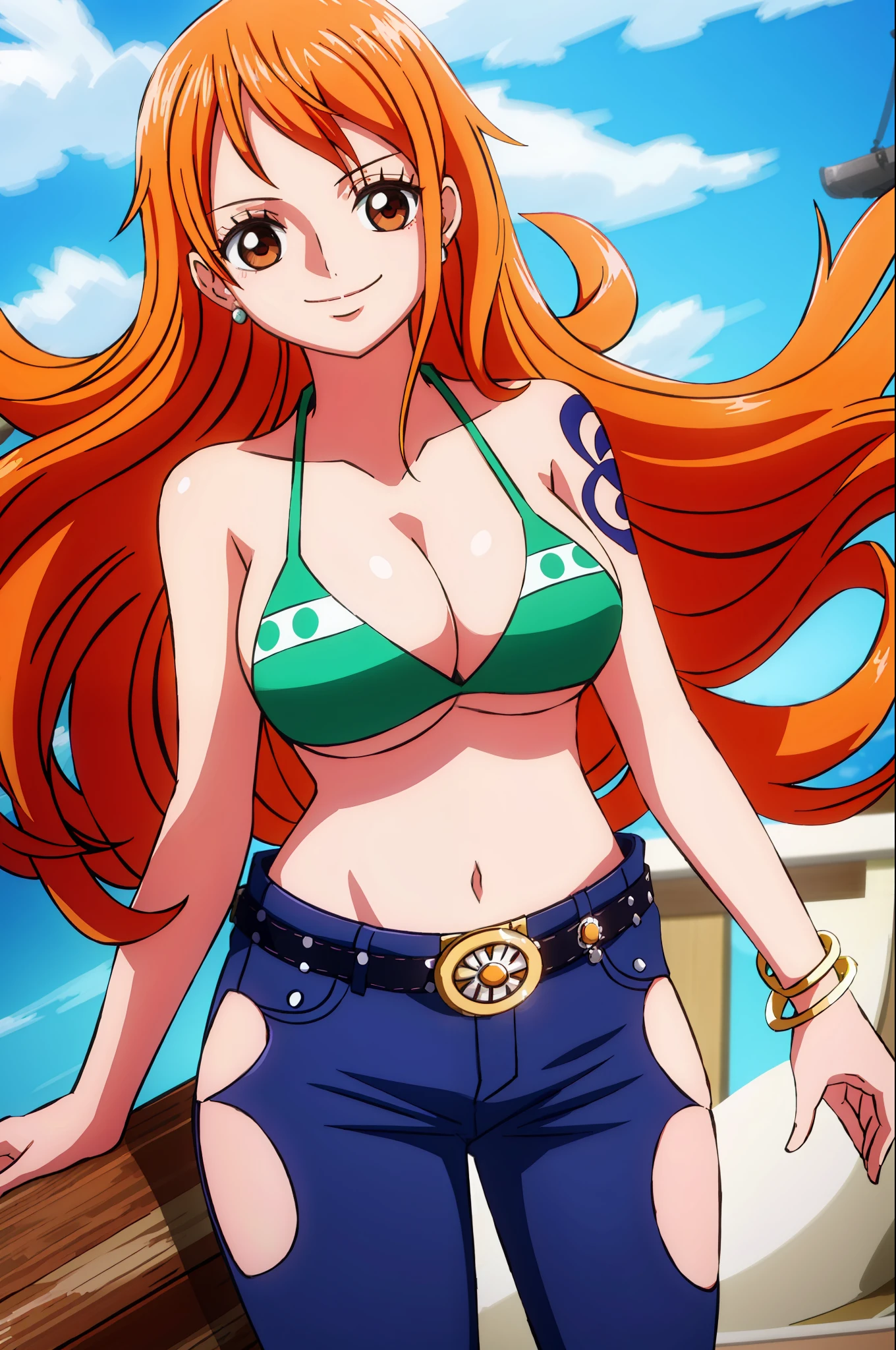 detailed background, masterpiece, best quality, 1girl, solo, nami \(one piece\), 1girl, bangle, bangs, bare shoulders, belt, bikini, bikini top only, blue sky, bracelet, breasts, brown eyes, bubble, cleavage, cloud, cowboy shot, day, denim, earrings, floating hair, green belt, green bikini, groin, jeans, jewelry, large breasts, log pose, long hair, looking at viewer, navel, orange hair, pants, shoulder tattoo, sidelocks, sky, smile, solo, standing, stomach, swimsuit, tattoo , looking at viewer, wanostyle