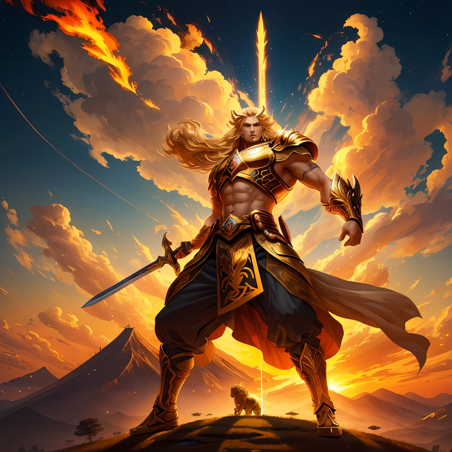 tmasterpiece，超高分辨率，A mighty lion warrior stands on the top of a hill，Lion-headed man，Hold a long sword，Raise your head to the sky and roar，The sound is Megatron，Blonde hair，Body contours glow，Light，The silhouette is full of flames，A sky at dawn，Artistic realism，4K，tmasterpiece，Hyper-Resolution，