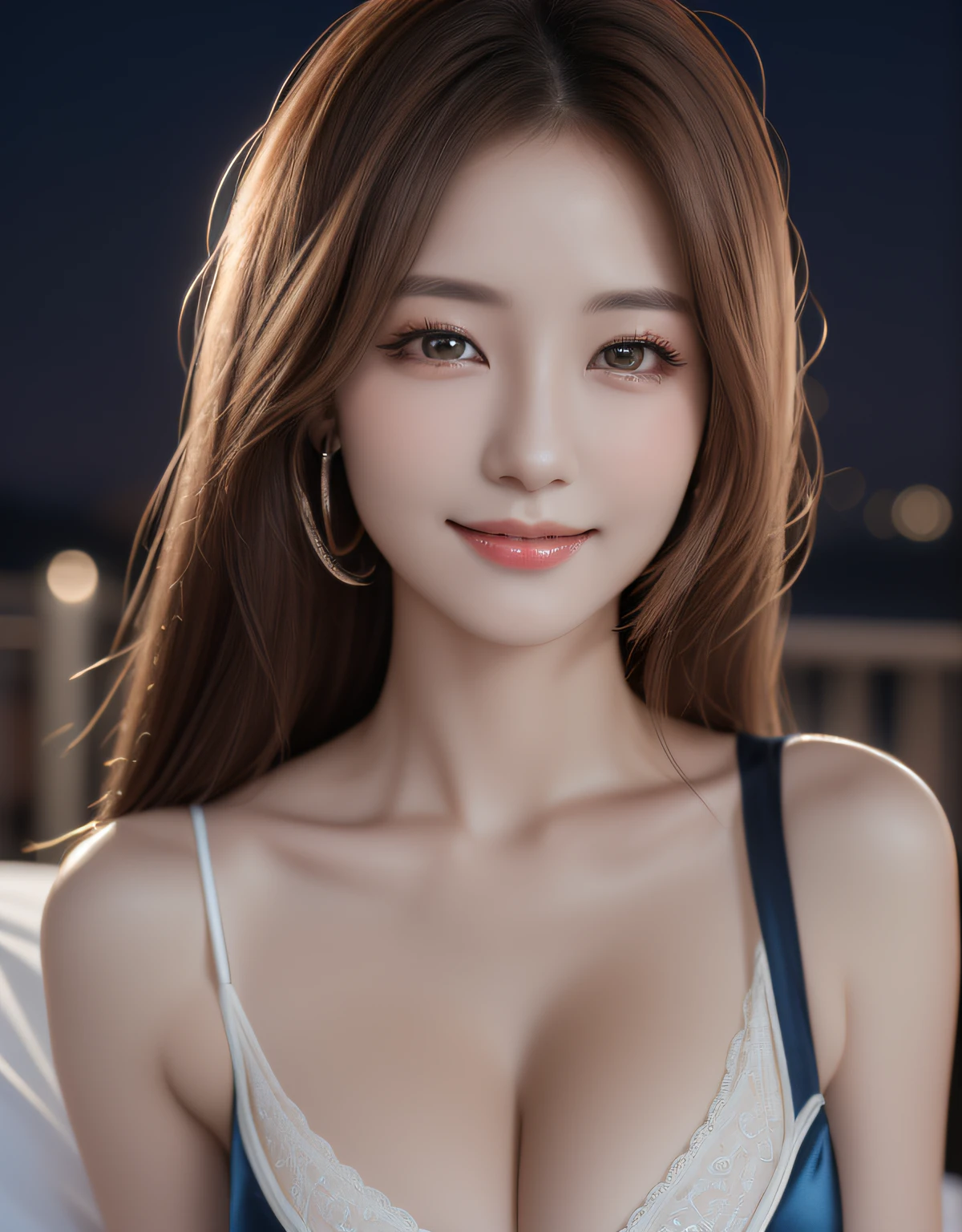 (masterpiece, Best Quality:1.37), (Realistic, Photorealistic:1.37), (ultra-highresolution:1.3), (Raw photo:1.3), (Sharp focus:1.3), shots on Canon EOS 5D Mark IV, 50 mm, F1.4, (Face Focus:1.37), extremely detailed CG Unity 8k wallpapers, (Ultra-detail:1.3), (cowboy shot:1.3), break, A photo of extremely cute and beautiful Korean woman, (TAIWAN idol face:1.3), (shiny brown straight thin hair:1.3), adult,  (Detailed beautiful girl:1.5), Beautiful detailed eyes, BREAK, (wearing detailed royal-blue silk chemise:1.37, black laces), (gorgeous, Attractive, classy), fcollarbone, Looking at the viewer:1.37, (large-breasts:1.37, cleavage:1.37), Slender, abs, (narrow waist:1.05), (light smile:1.27), break, (Gorgeous night view:1.37, Bedroom background:1.37, Detailed background:1.37), night bedroom, Rim Light, professional photo lighting, (Face Lighting:1.3), (face ring light:1.37), break, Photon Mapping, finely detail, vibrant details, a hyper realistic, Elegant, kneeling on bed, hand between legs,