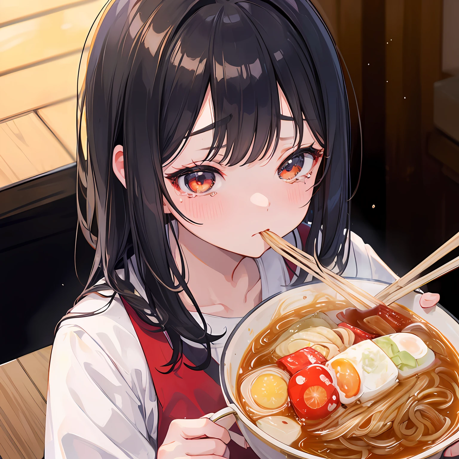 (masterpiece), pov,
girl, face up, eating ramen, black chopsticks, view from above above,
black hair, school uniform, crying, tears, sweats, drooling, look at camera,
yellow hanging noodles,
ramen at bottom, stall at japan, 
(backlight, depth of field, bokeh),