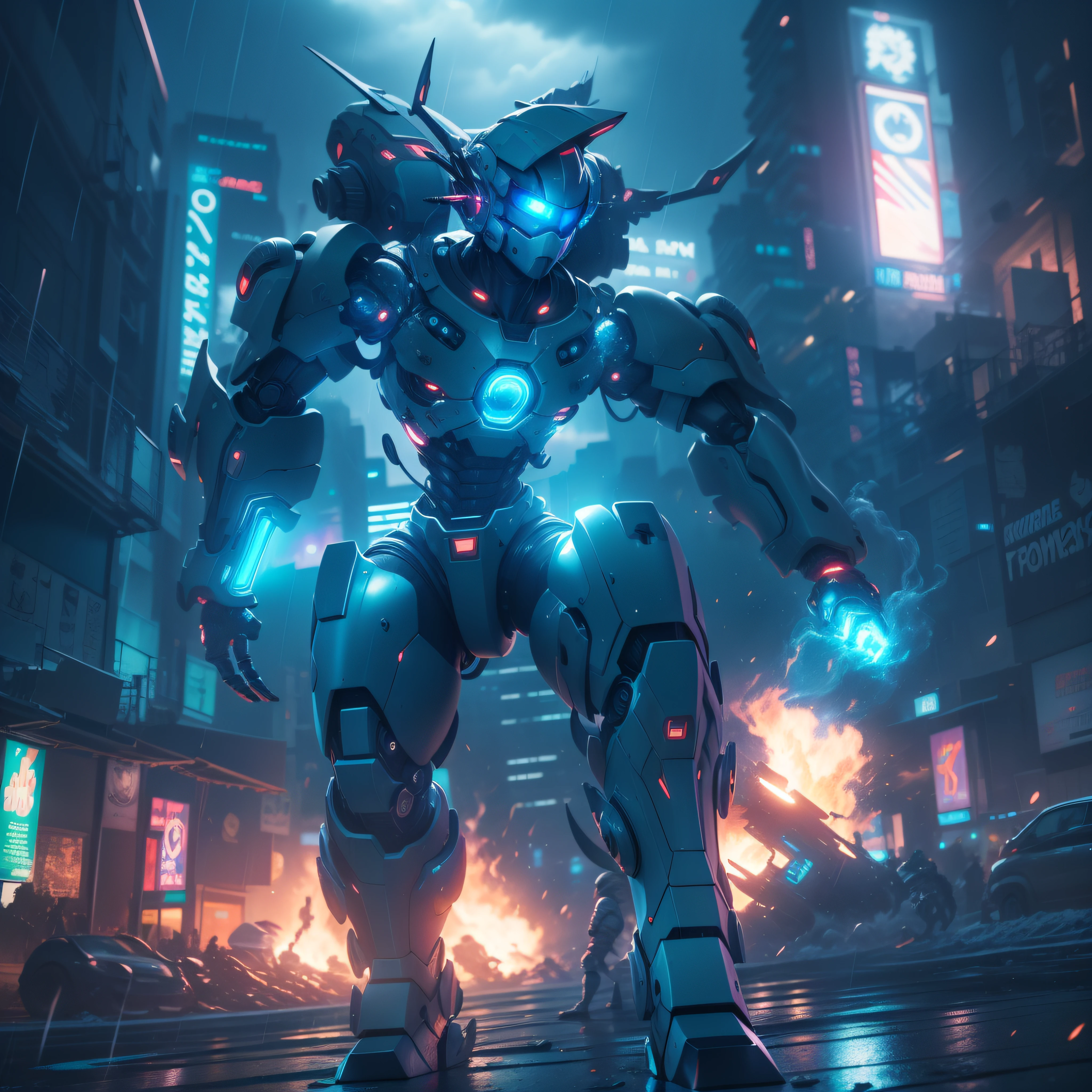 1 giant blue robot, slick design cyberpunk, stunning gradient colors, stylized, ((battle pose, battle stance)) smoke, fire, raining
anime, masterpiece, best quality, (extremely detailed CG unity 8k wallpaper), (best quality), (best illustration), (best shadow), absurd res, realistic lighting, beautiful detailed glow