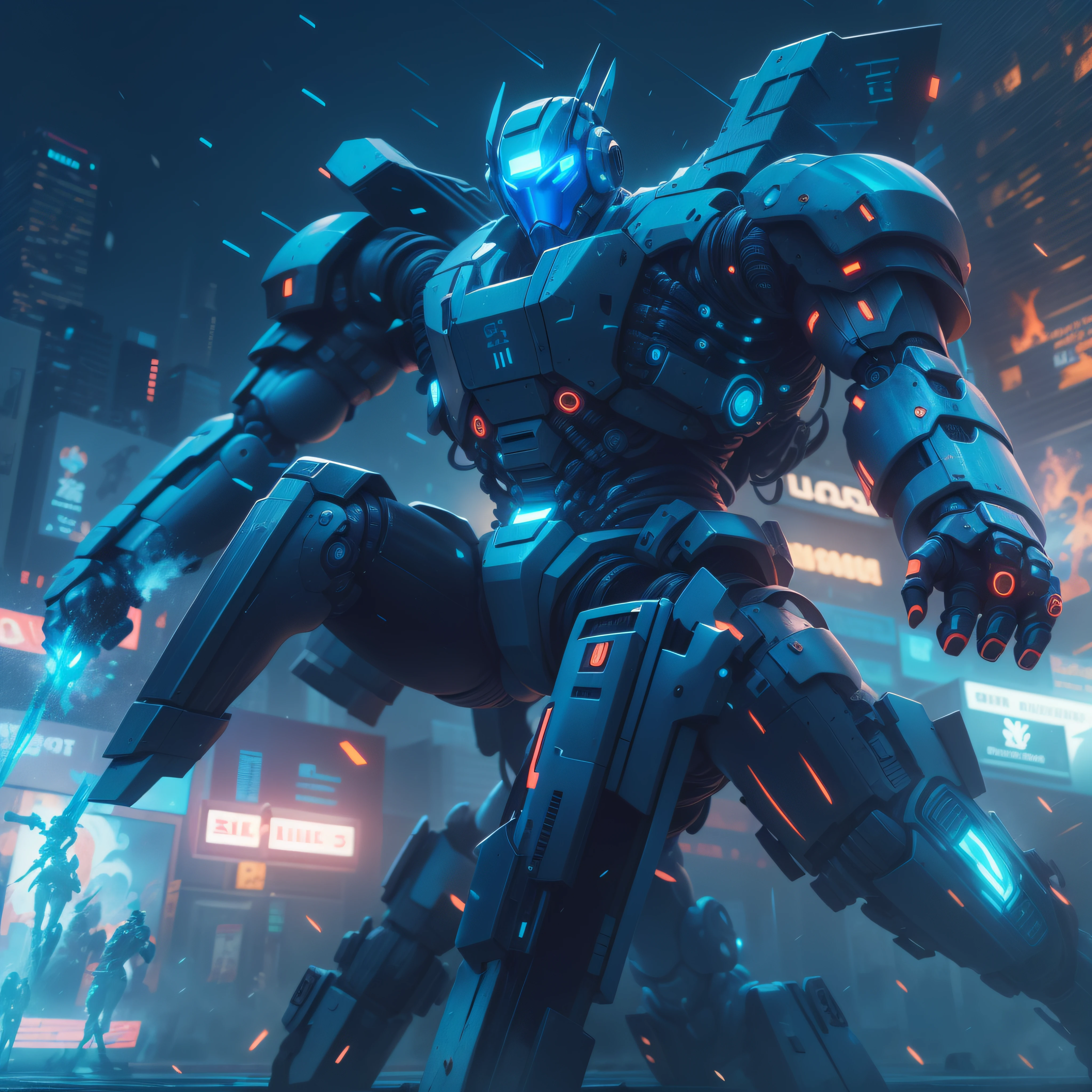 1 giant blue robot, slick design cyberpunk, stunning gradient colors, stylized, ((battle pose, battle stance)) smoke, fire, raining
anime, masterpiece, best quality, (extremely detailed CG unity 8k wallpaper), (best quality), (best illustration), (best shadow), absurd res, realistic lighting, beautiful detailed glow
