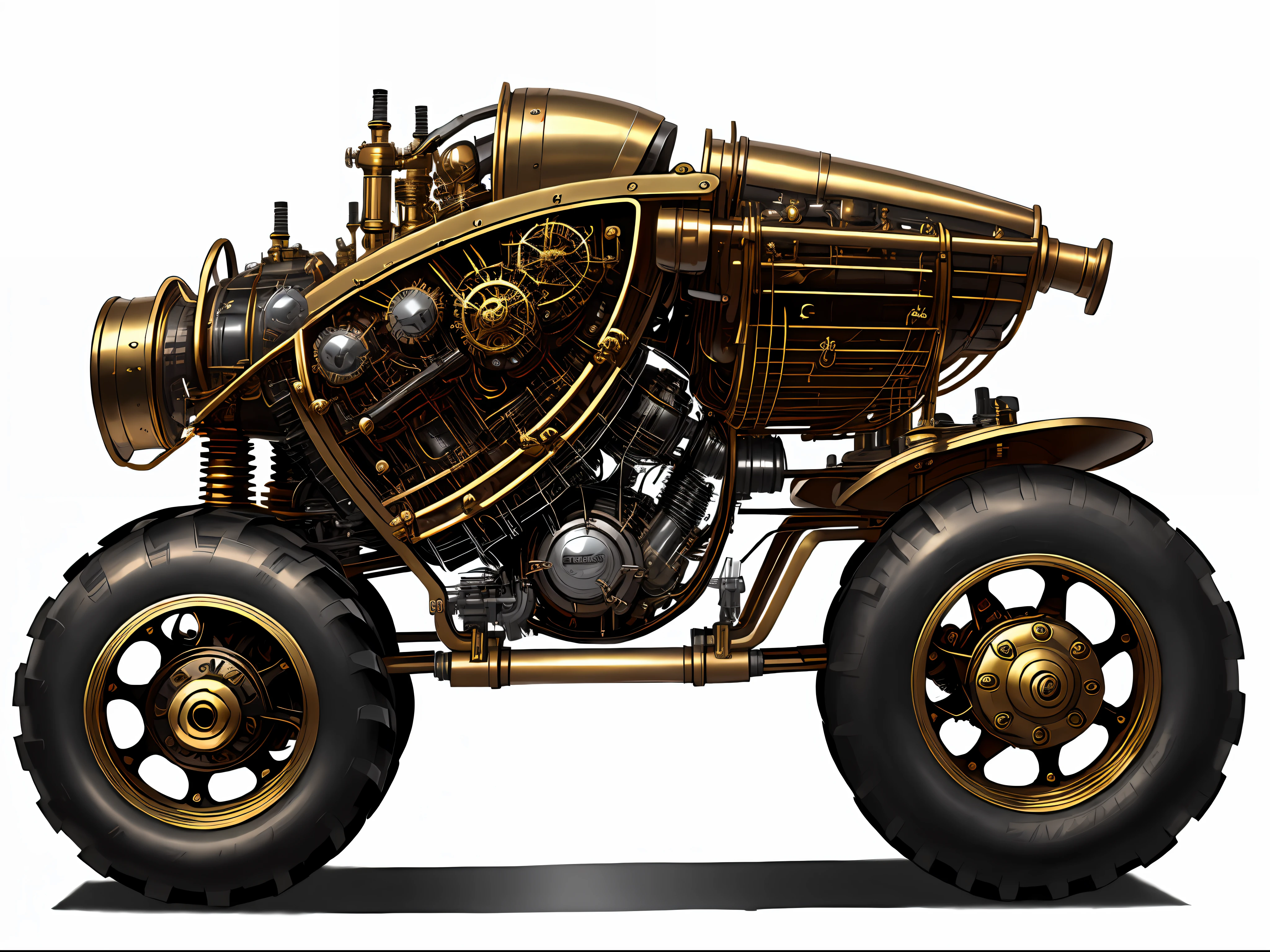 Steampunk monster trucks、from side view、brass、steel、Great photos of pipes、White background