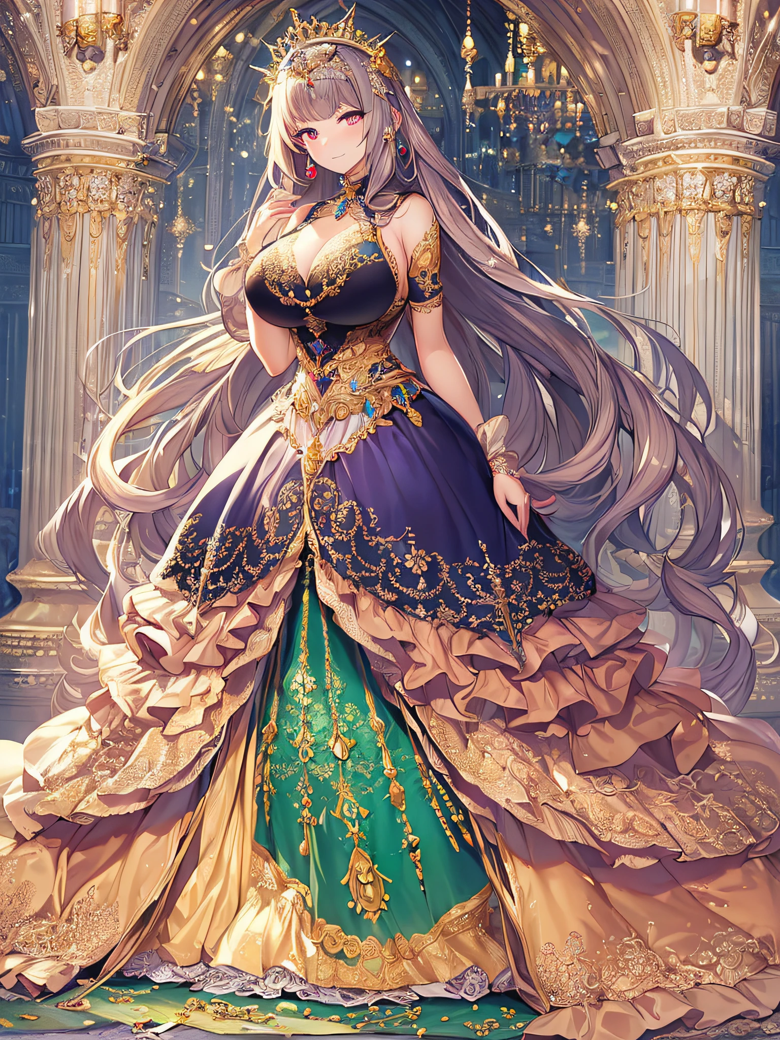 ((anime artstyle)),(Masterpiece),(Best Quality), (Super Detail),((Very Delicate and Beautiful)),((Solo)),((full body)),(((1 princess in beautiful embroidery and jeweled extremely gorgeous ball gown dress with voluminous bouffant skirt))),Long train,gorgeous gemstone jewelry,detailed face and eyes,jewel-like eyes,(seductive smile),((extremely voluminous Very Long Hair,Straight Hair)),((extremely gigantic tits,Long tits)),curvy,skindentation,(gorgeousfull embroidery and lace),gorgeous corsage,See-through,extremely gorgeousfull hair ornament,extremely gorgeousfull glitter jeweled tiara,ornate ruffles,((full body)),((hoop skirt,crinoline)),Dynamic Angle,Looking at viewer,((beautiful embroidery and jeweled extremely gorgeous ball gown dress with voluminous bouffant skirt)),full body