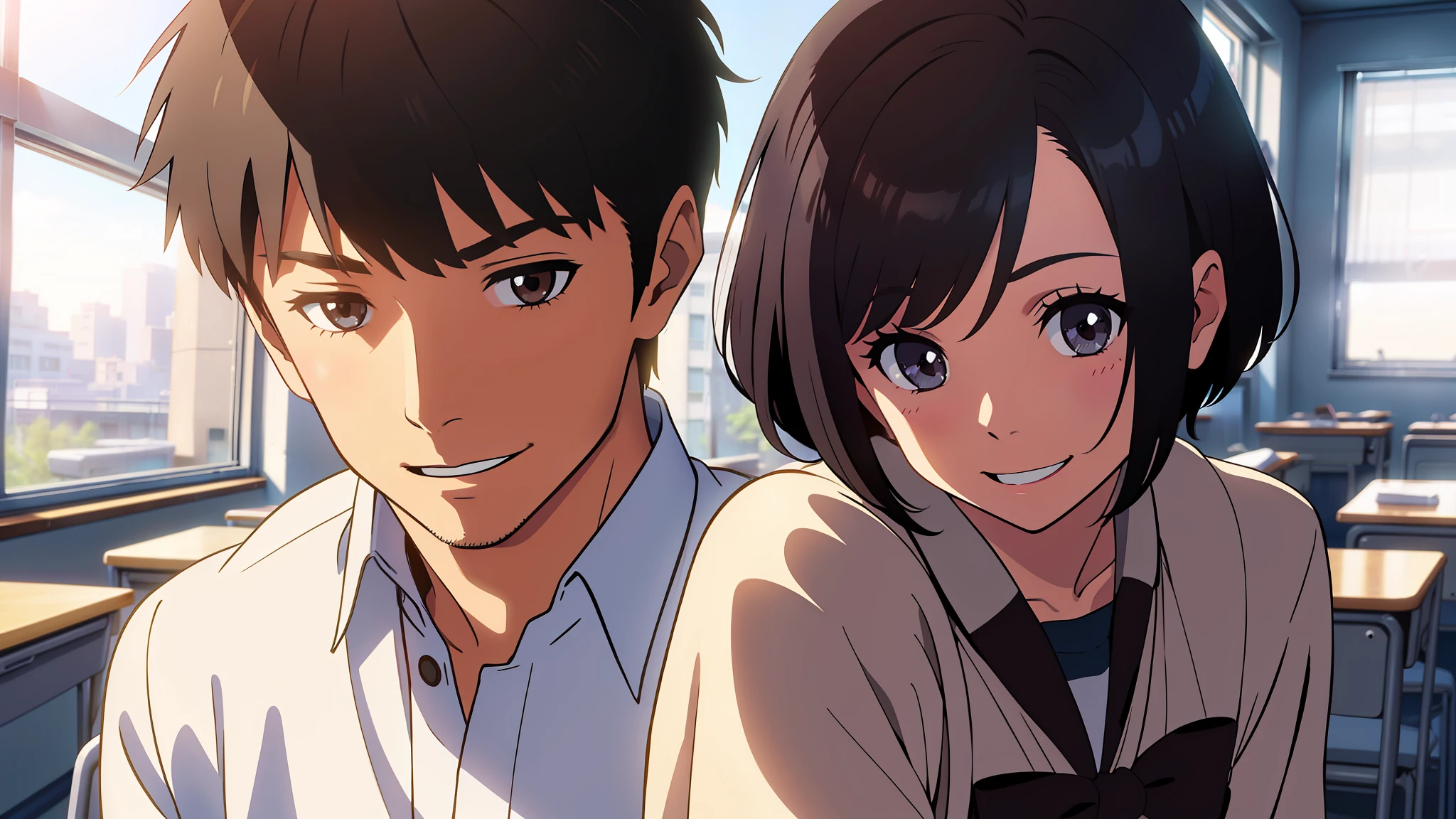 high school classroom,A cute girl with short hair,With a handsome boy with delicate facial features,Talk and laugh