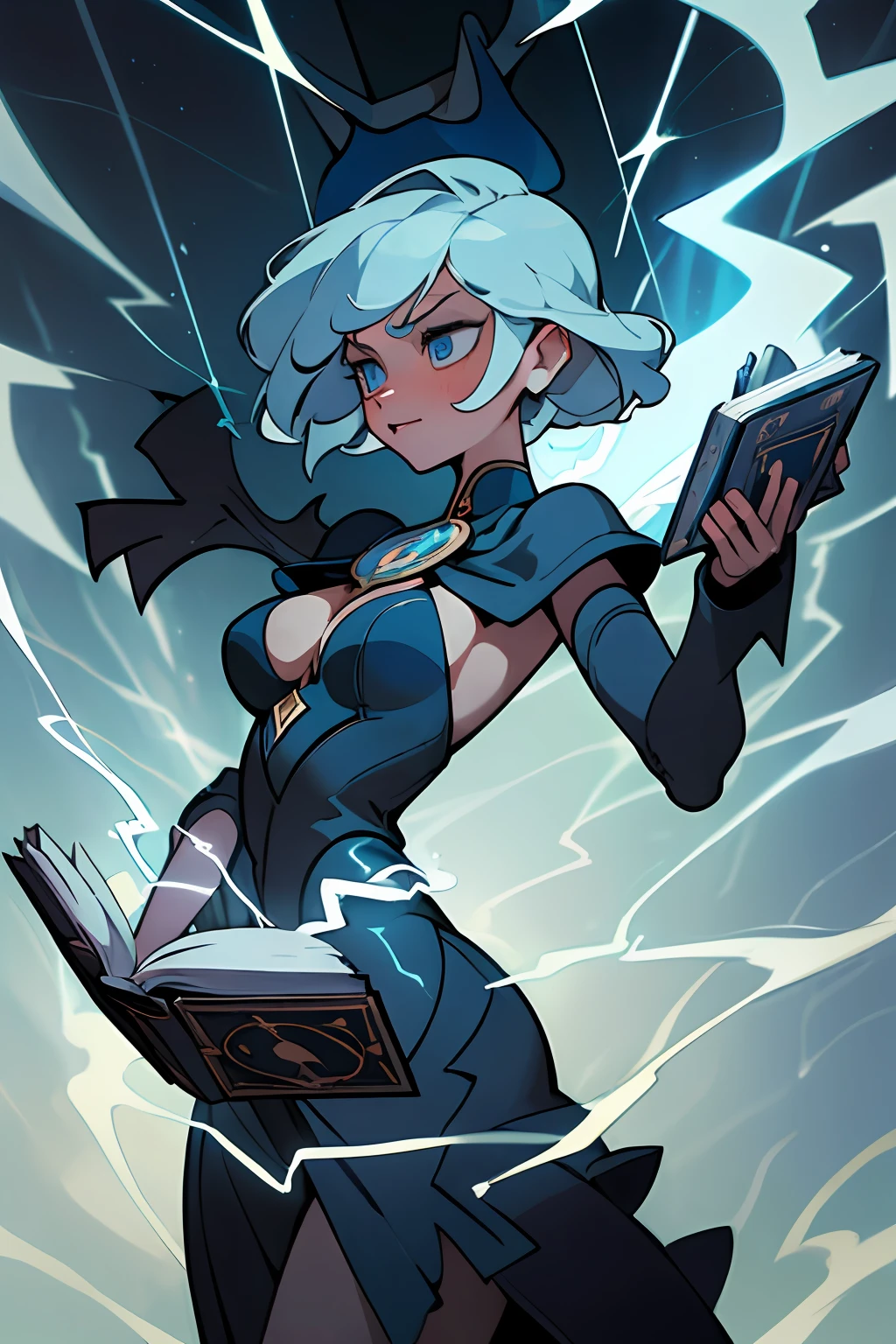 (Best Quality, Masterpiece), 1 Girl, single hair, Blue Electricity, thunder, salama, Tarot cards, devil, Medium Tits, Woman holding a magic book