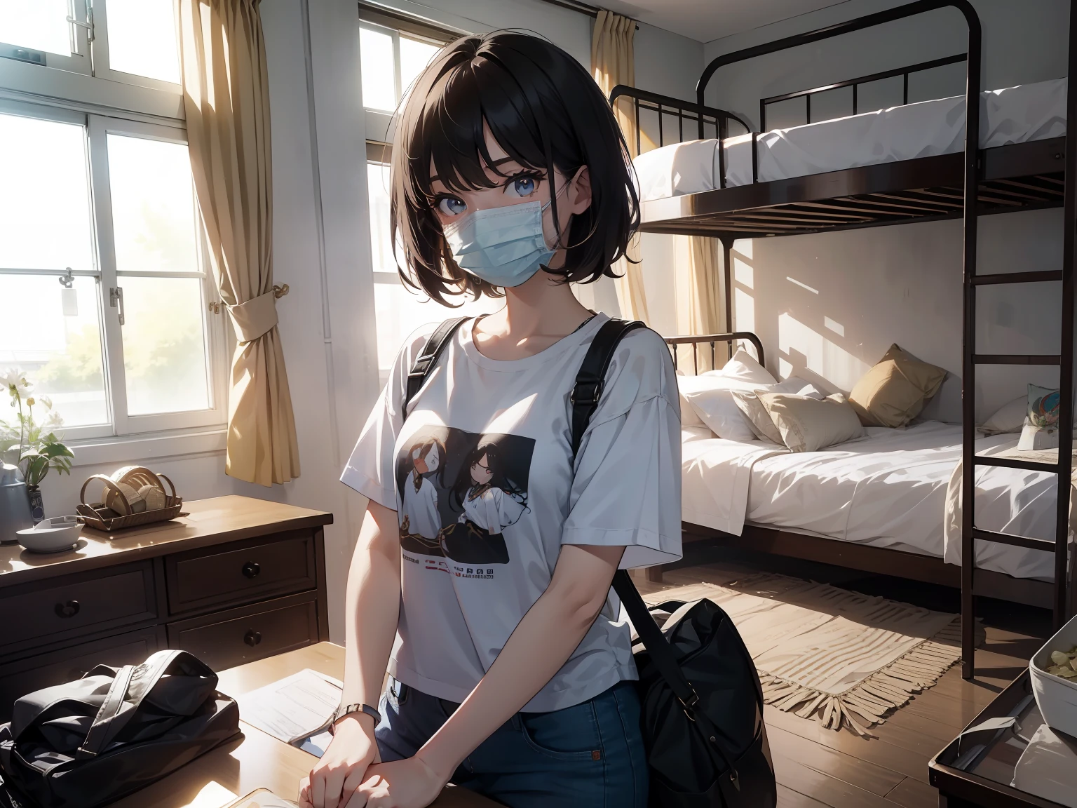 tmasterpiece, Best quality,short detailed hair、Melon seed face、Fair complexion、Girl in white t-shirt and blue jeans,Realisticstyle,Dormitory beds and belongings are cluttered,Barrage mask,Positive perspective;