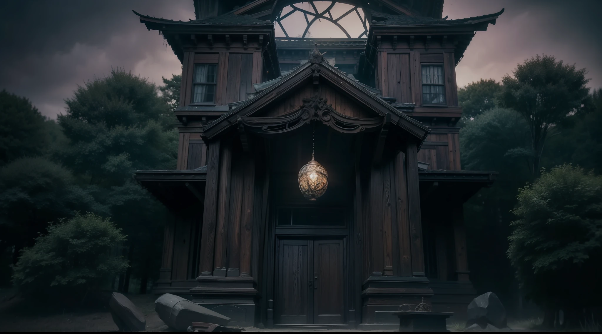 Deep in a dark and mysterious forest、Spooky Western-style building、Mystical、magia、Very realistic, Photography, One-person viewpoint, Super Detail, high detailing, High quality, in 8K