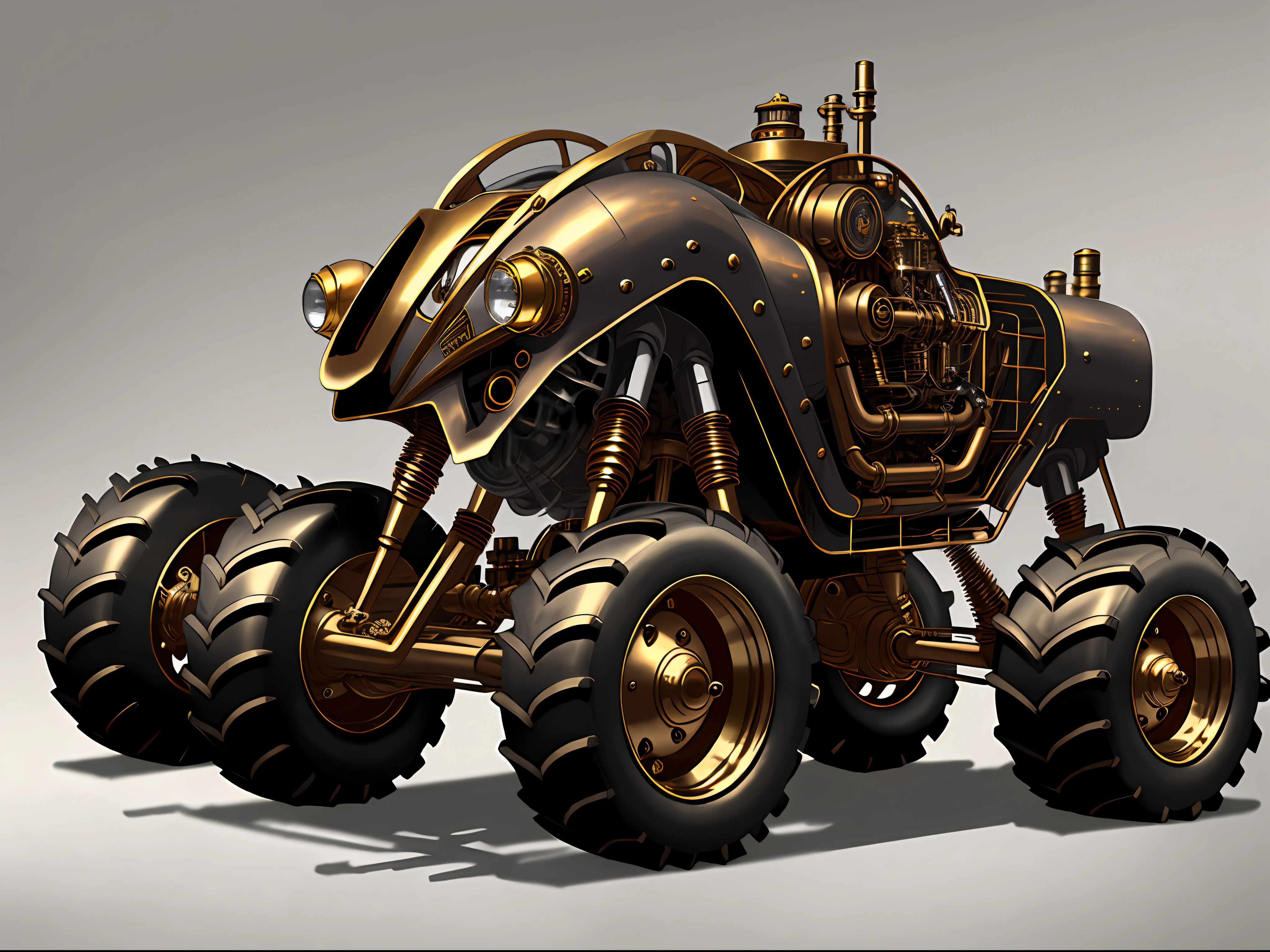 Steampunk monster trucks、from side view、brass、steel、Great photos of pipes、White background