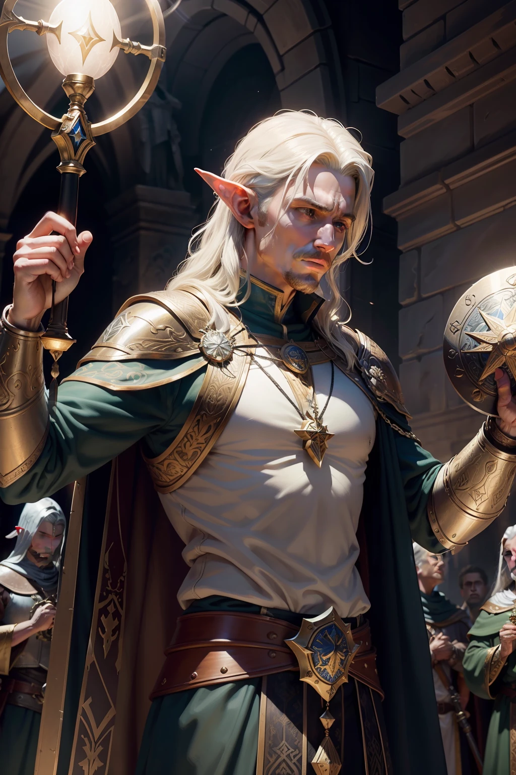 Bust,A man with an elven appearance,Holding a mace in one hand,The other hand raises the round shield,The shield has a rich detail badge,There is holy light around the characters,Spell light and shadow effects,hand painted style,Detailed metal chain mail,Around the neck hangs a badge with details,The background is devout prayer believers,The holy light shines overhead,The action of speaking,A masterpiece of the highest quality