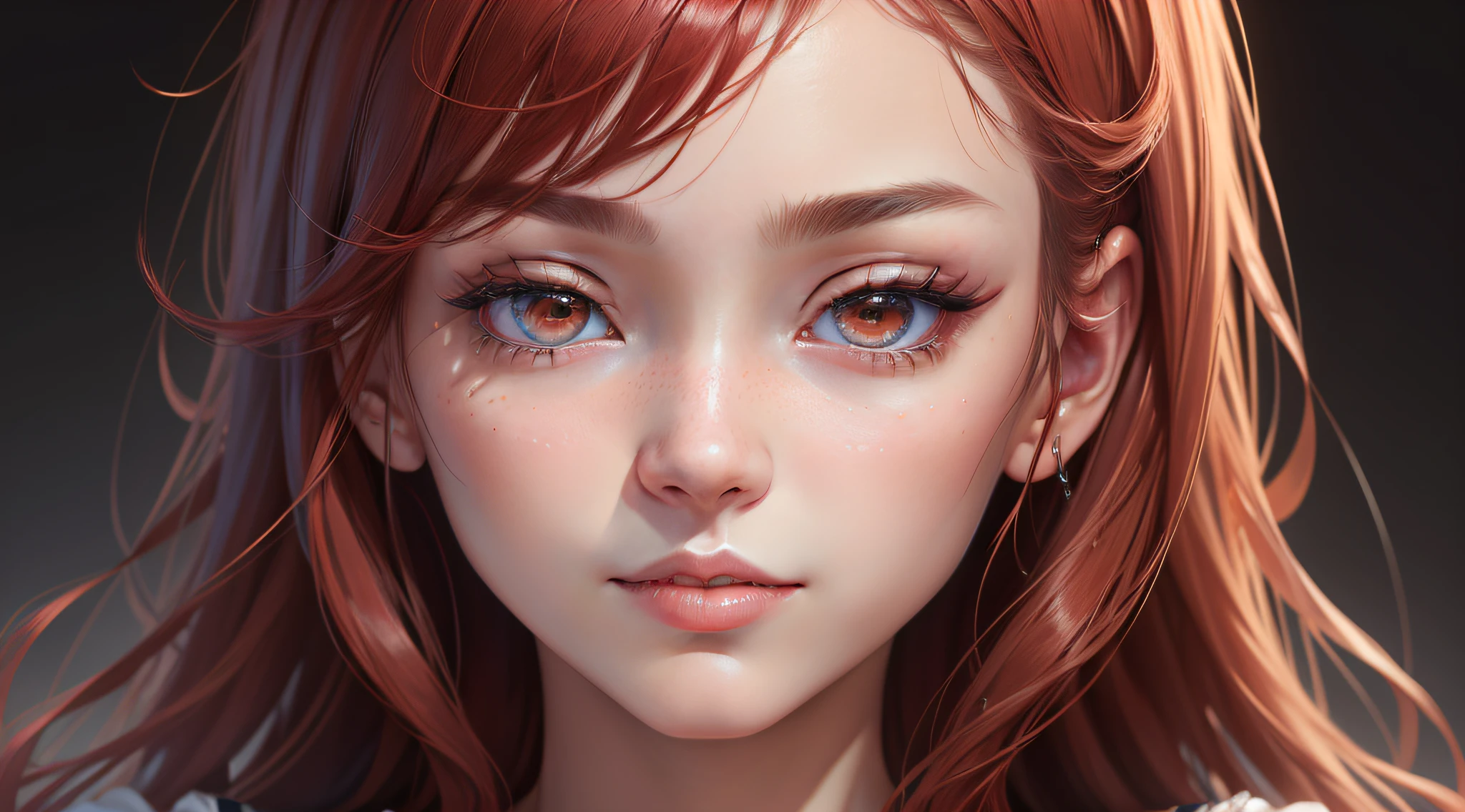 absurdres, 1girl, star eye, blush, (realistic:1.5), (masterpiece, Extremely detailed CG unity 8k wallpaper, best quality, highres:1.2), (ultra_detailed, UHD:1.2), (pixiv:1.3), perfect illumination, distinct, (bishoujo:1.2), looking at viewer, unreal engine, sidelighting, perfect face, detailed face, beautiful eyes, pretty face, (bright skin:1.3), idol, (abs), ulzzang-6500-v1.1, soft smile, upper body, (dark red hair), (simple background), ((dark background)), (depth of field), close-up, selfie