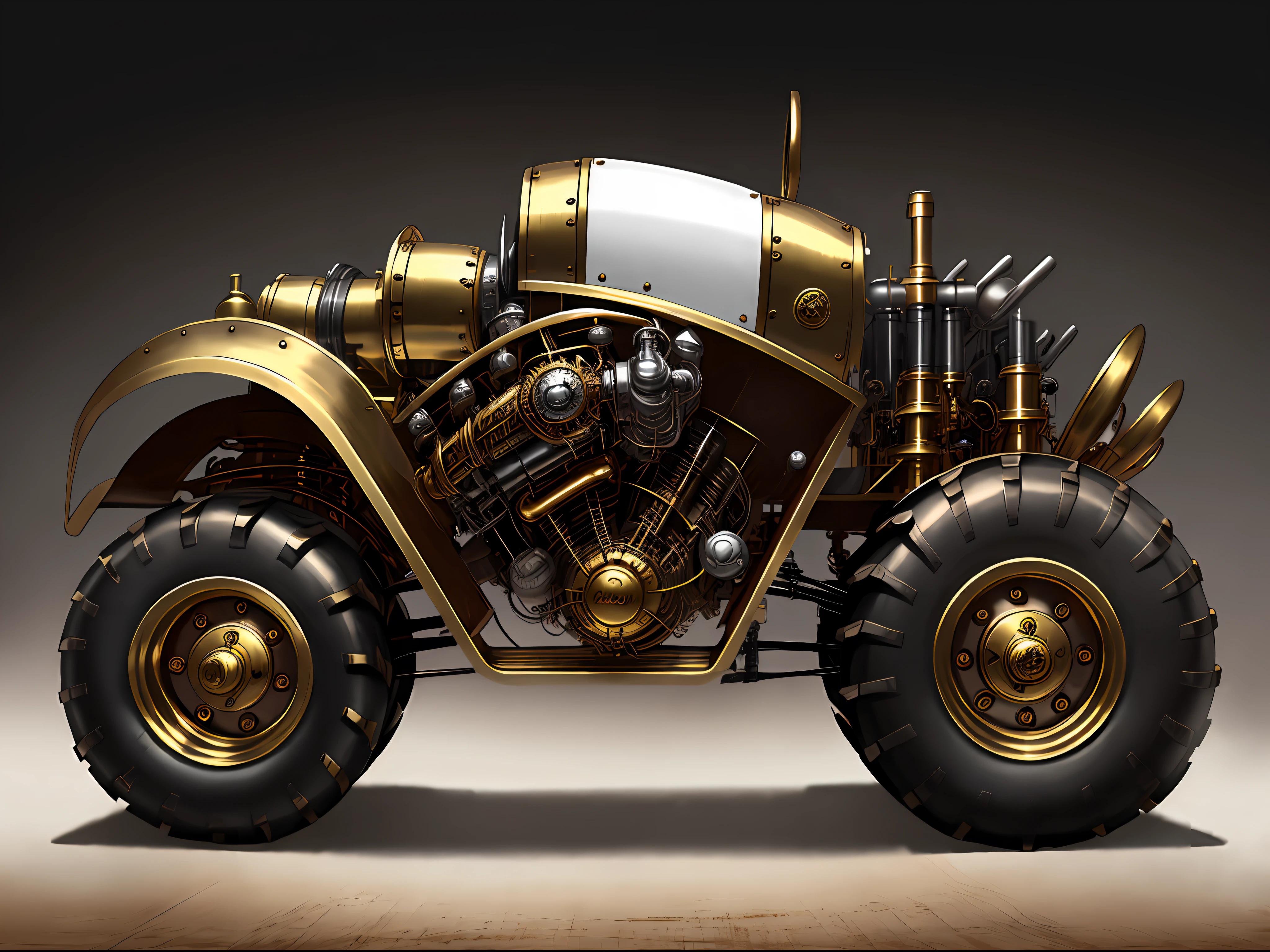 Steampunk monster trucks、from side view、brass、steel、Great photos of pipes、White background