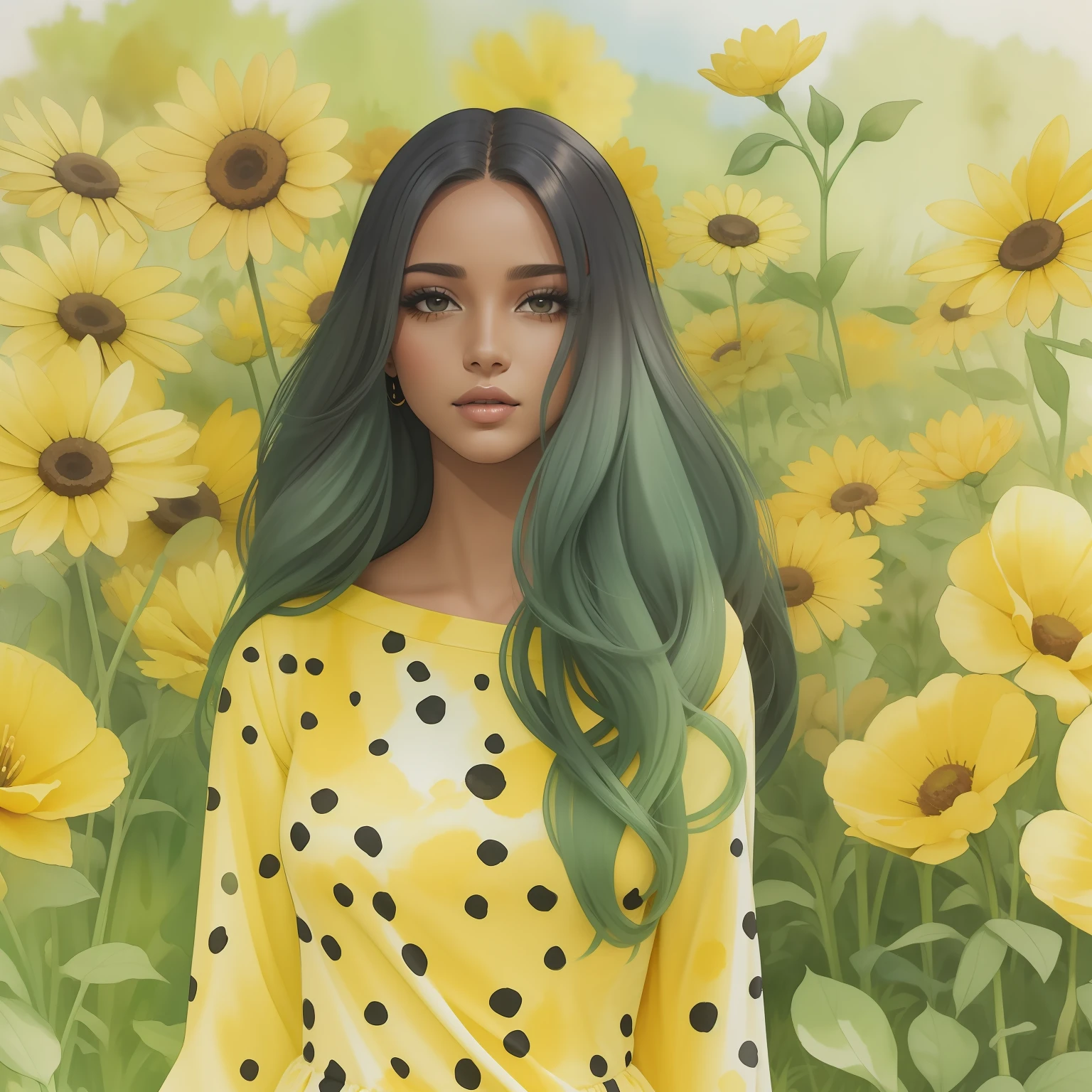Aquarela pintando uma mulher negra com cabelos longos em um campo de flores, usando um vestido amarelo com bolinhas pretas