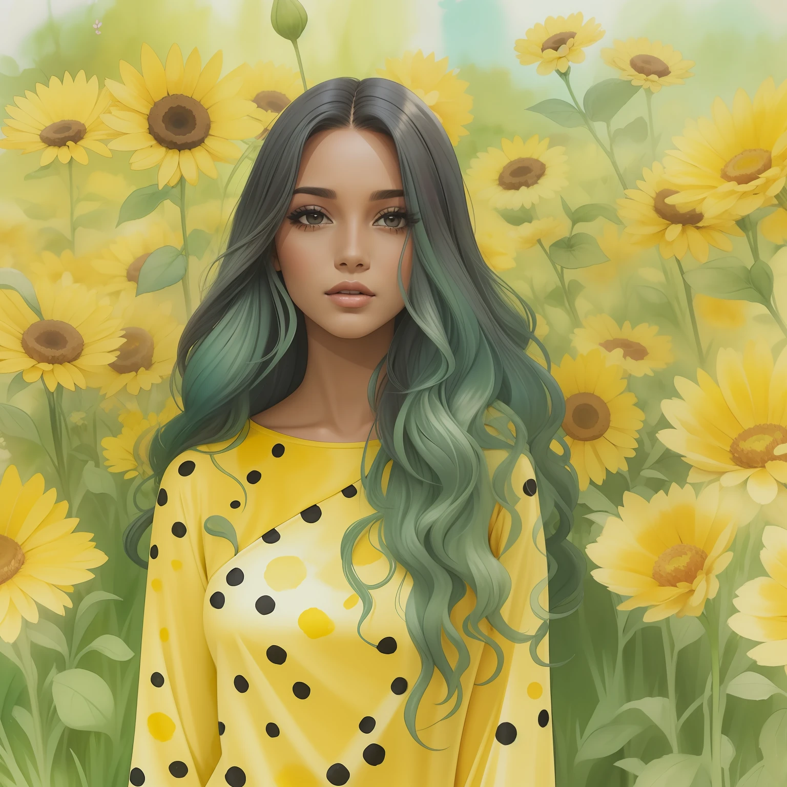 Aquarela pintando uma mulher negra com cabelos longos em um campo de flores, usando um vestido amarelo com bolinhas pretas
