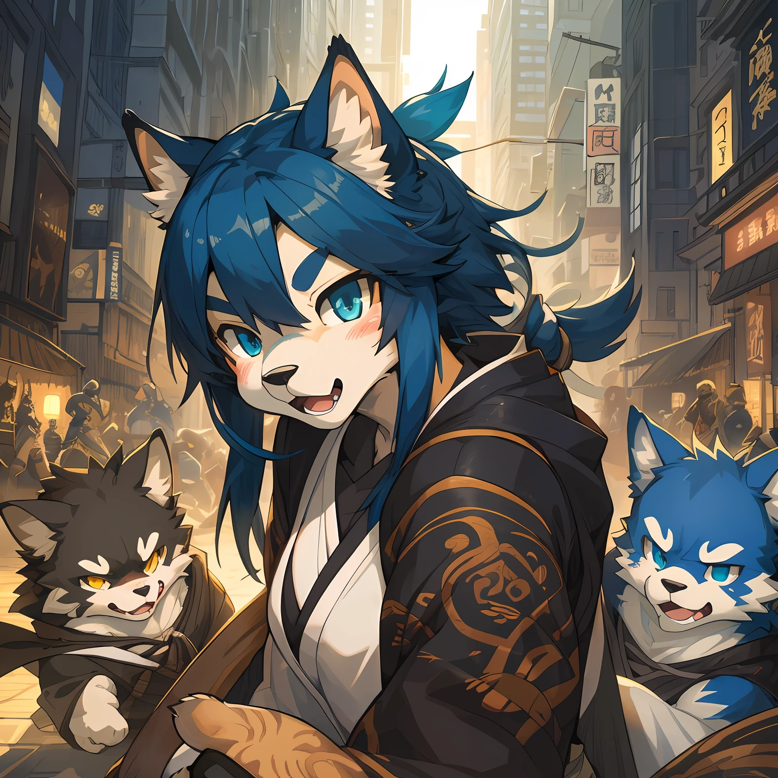 top quality, best quality, High-quality illustrations, masterpiece, super high resolution, detailed background, japanese, ninja, action, 6+boys, 6+girls, absurdres(highly detailed beautiful face and eyes)perfect anatomy, expression, good lighting, cinematic shadow(kemono, furry anthro),