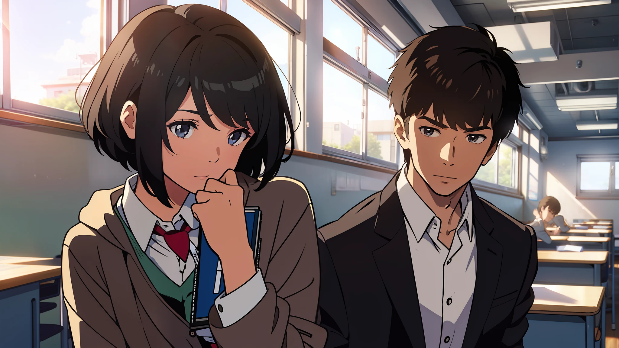 high school classroom，A handsome boy with delicate facial features，Hand the book to a cute girl with short hair
