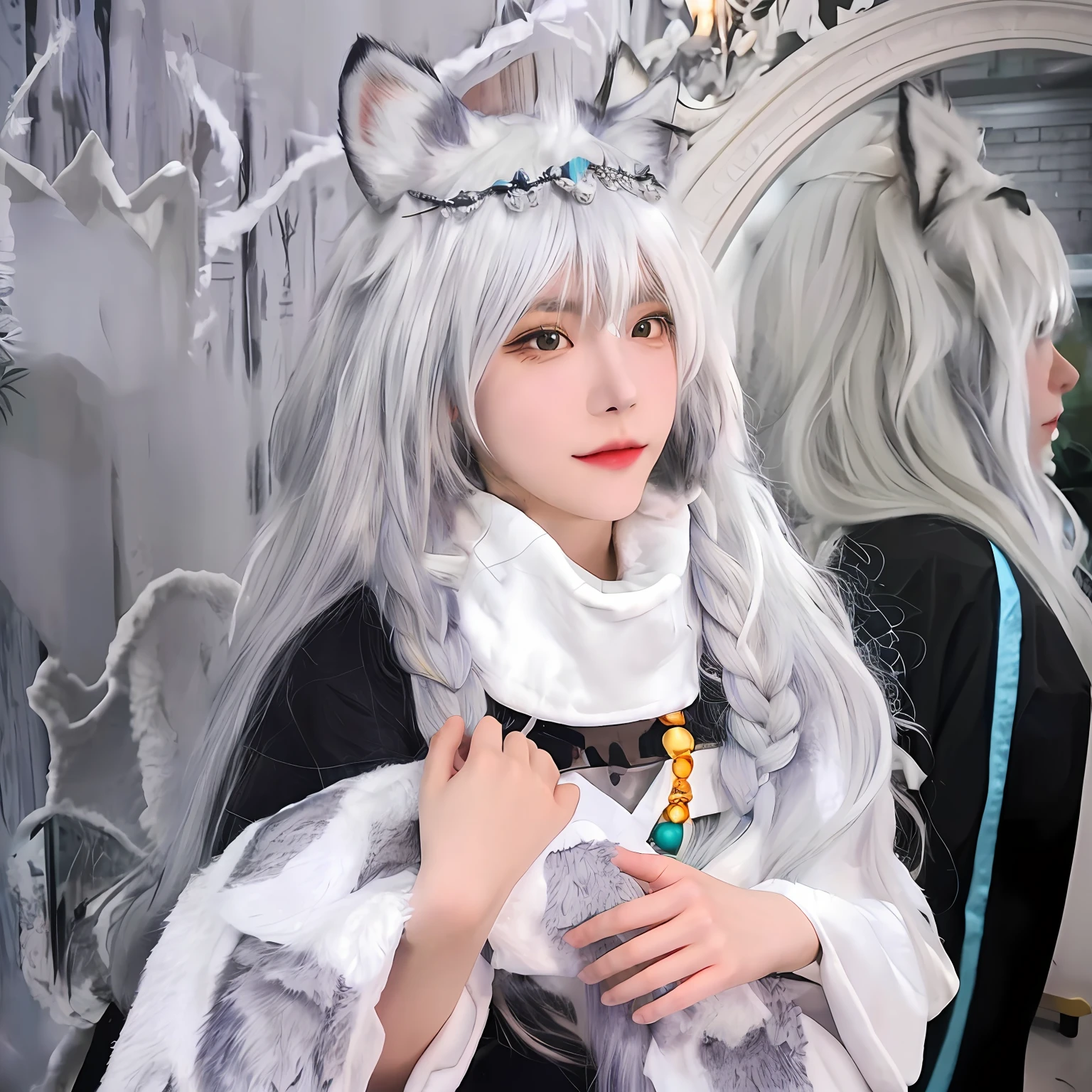 there is a woman with long hair and a cat costume, anime cosplay, anime girl cosplay, holo is a wolf girl, cosplayer, cosplay, white - haired fox, white haired deity, holo if a wolf girl, ornate cosplay, cosplay photo, with long white hair, professional cosplay, with white long hair, kemonomimi, white fox ears