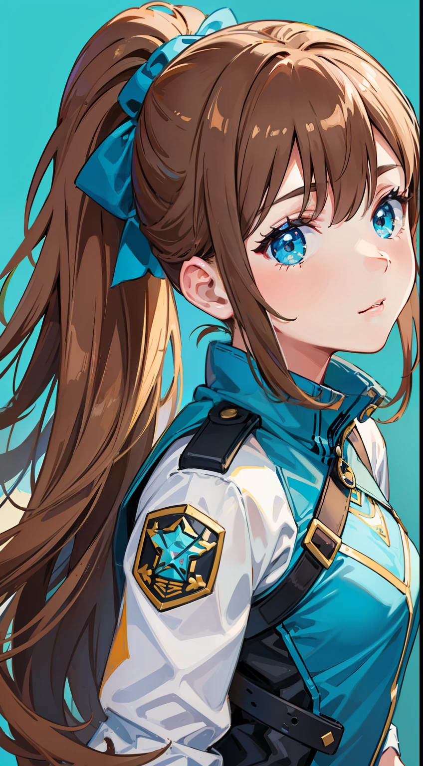 young girl, long brown hair, high ponytail, Cyan eyes, Blue-yellow superhero uniform, Masterpiece, hiquality