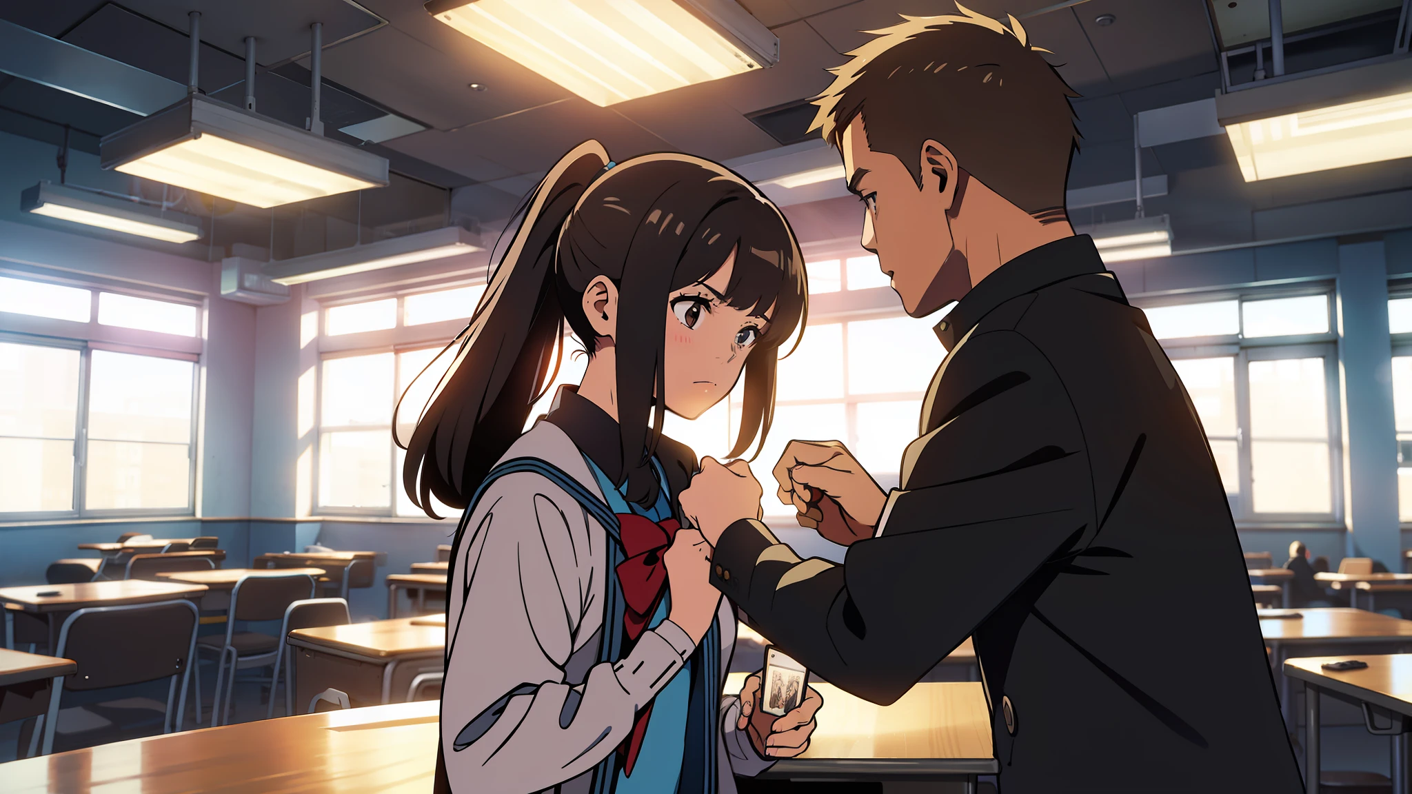 high school classroom，A ponytailed girl，With an inch boy，fights