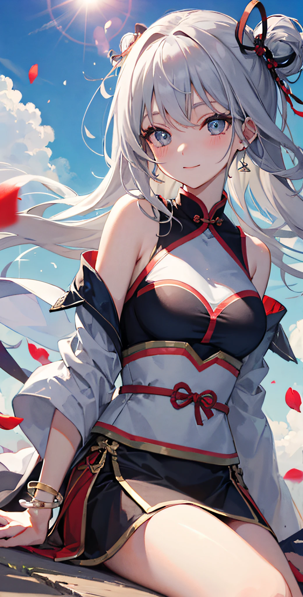 Rena Hidaka \(denonbu\), (Best quality, 8K, Masterpiece, Ultra detailed:1.2), Movie Angle, day, Dappled sunlight, Blue sky, Beautiful clouds, Lens flare,，Chinese costumes，Long gray hair， Sparkle, Light particles, Wide shot, 1girll, Solo, shirt, Bracelet, earring, alley, Sitting, Slight smile, Head tilt, Blush, Shy, Floating petals, Floating hair, Wind, From below,