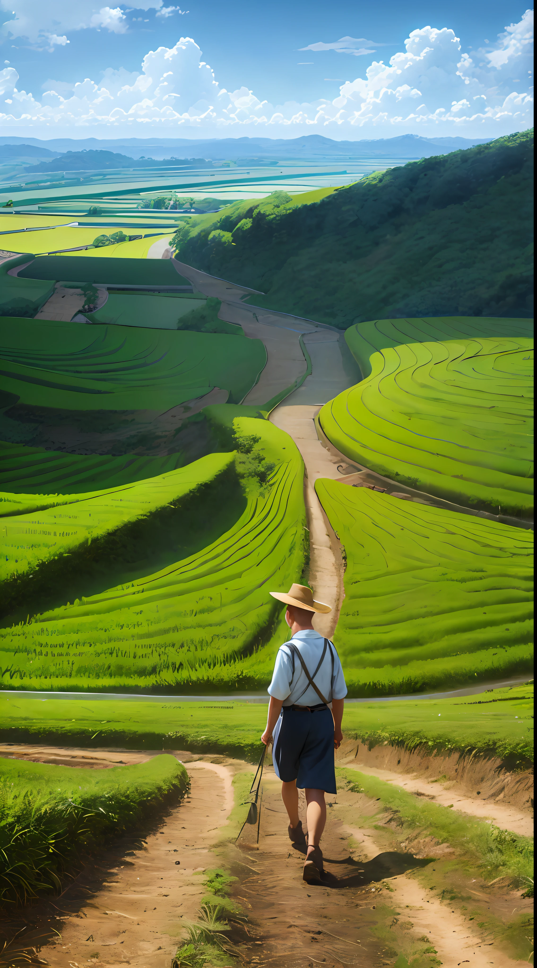 An old farmer carrying a flat burden, walking on the winding path of the countryside, big clouds, blue sky, rice fields, neat rice seedlings in the field, forest, hillside, secluded, countryside, HD detail, hyper-detail, cinematic, surrealism, soft light, deep field focus bokeh, ray tracing and surrealism. --v6