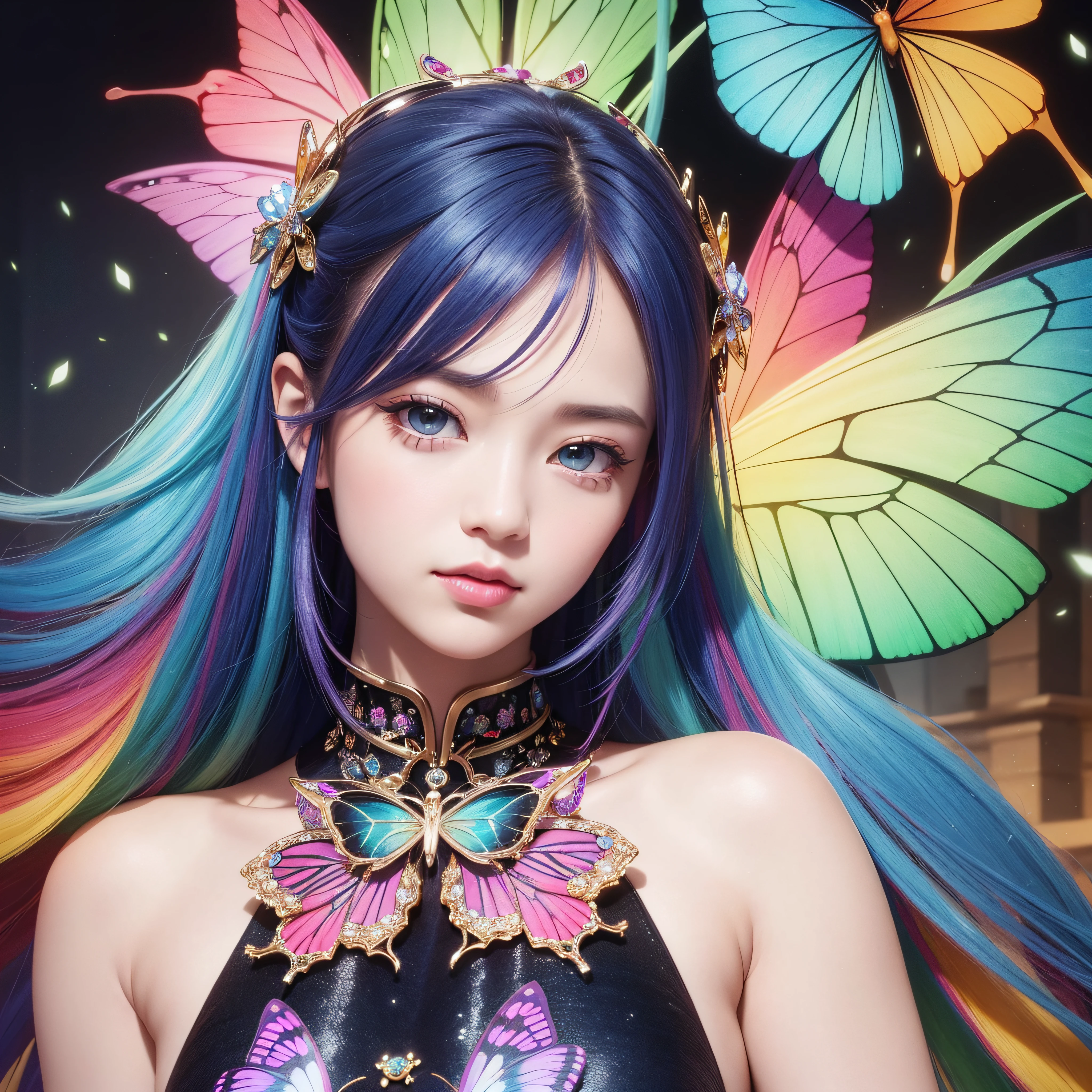 The background is a super colorful and ultra-dense building drawn by Manabu Ikeda、The background is a super colorful and ultra-dense building drawn by Manabu Ikeda、The building is a butterfly々Overflowing with、The building is a butterfly々Overflowing with、Highly detailed airbrush art、intricate detailes、Volumetric lighting、(top-quality)、(The ultra-detailliert)、Highly detailed colorful details、(Irridescent color:1.2)、(Bright lighting)、Magical、dynamic compositions、The mirror reflects light、Shallow depth of field、ultra-detailliert、mixing exposure、nffsw、Super masterpiece、vivd colour、colourfull、Beautiful 30 year old smile、Slim Faces、One woman's face、Rich colors、exquisitedetails、(masutepiece,Best Quality:1.5), (butterflys,Exquisite butterflies,Ultra CG), (High resolution:1.5)、(Big eyes、Green Diamond Eye、Shining eyes、Eye Gloss)(Smile with the corners of your mouth raised、Open lips、dark red lips、lipgloss)、(bangss、rainbow-colored hair)、