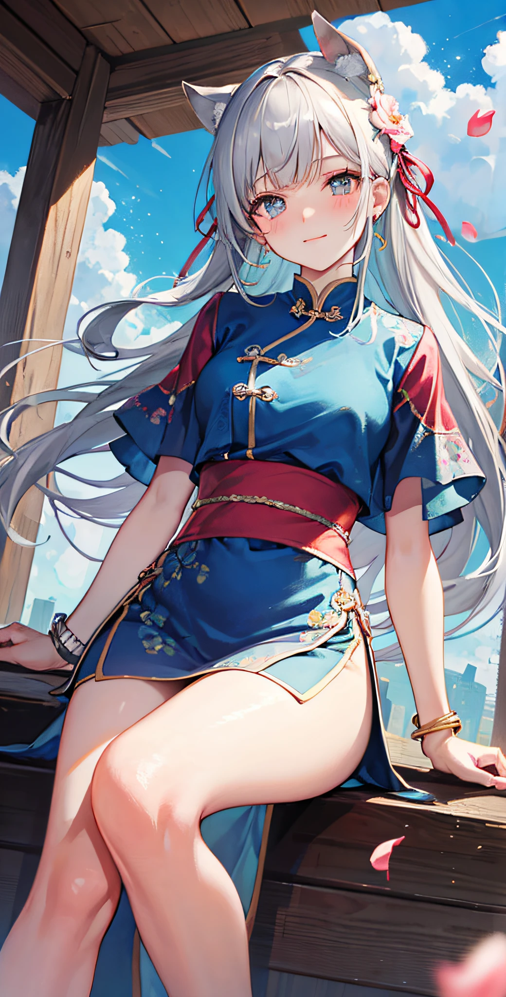 Rena Hidaka \(denonbu\), (Best quality, 8K, Masterpiece, Ultra detailed:1.2), Movie Angle, day, Dappled sunlight, Blue sky, Beautiful clouds, Lens flare,,Chinese costumes,Long gray hair, Sparkle, Light particles, Wide shot, 1girll, Solo, shirt, Bracelet, earring, alley, Sitting, Slight smile, Head tilt, Blush, Shy, Floating petals, Floating hair, Wind, From below,