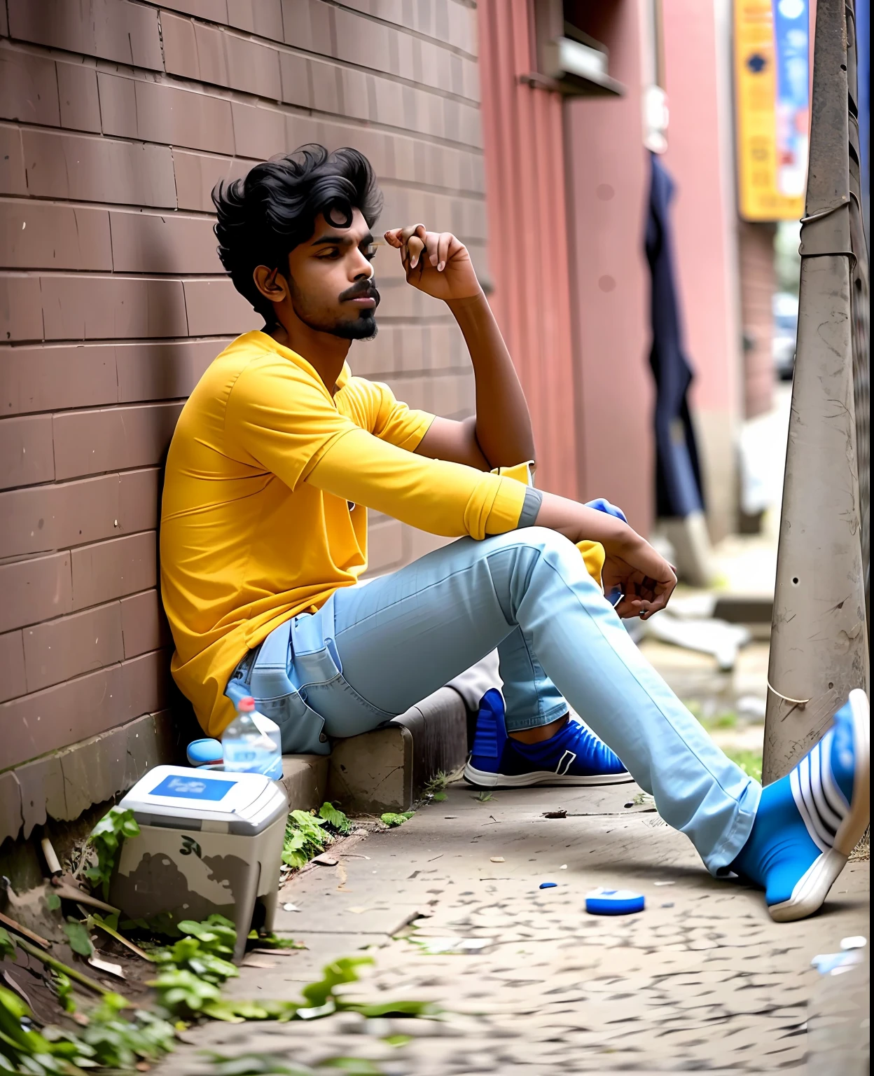 there is a man sitting on the ground with his feet up, jayison devadas style, jayison devadas, candid photography, candid picture, taking a smoke break, very artistic pose, with a cool pose, photo taken in 2 0 2 0, sitting on the ground, casual photography, shot on sony a 7, taken with sony alpha 9