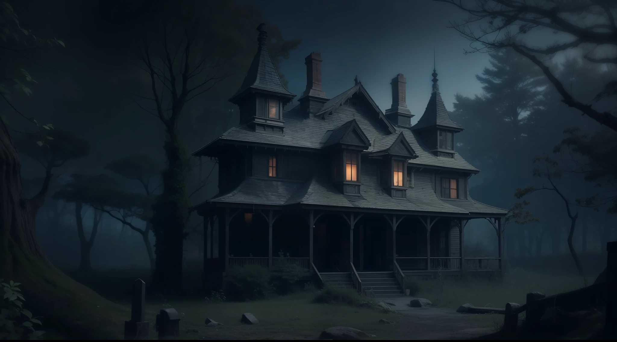 Deep in a dark and mysterious forest、Spooky Western-style building、Mystical、magia、Very realistic, Photography, One-person viewpoint, Super Detail, high detailing, High quality, in 8K