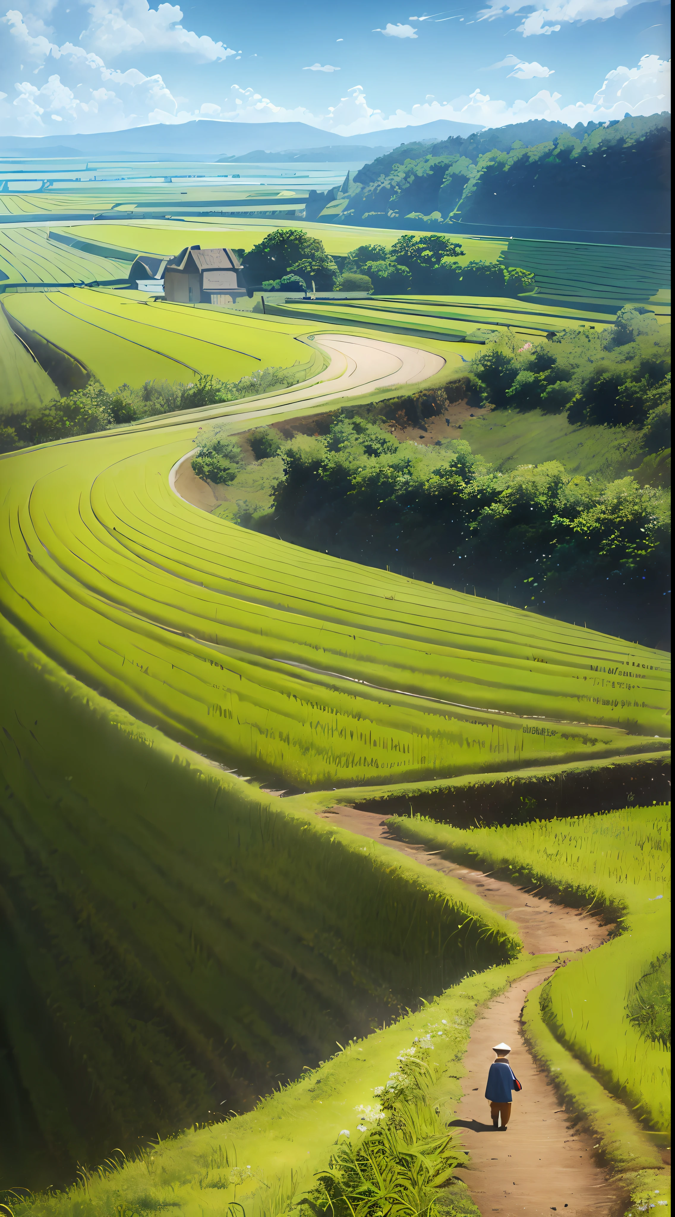 An old farmer carrying a flat burden, walking on the winding path of the countryside, big clouds, blue sky, rice fields, neat rice seedlings in the field, forest, hillside, secluded, countryside, HD detail, hyper-detail, cinematic, surrealism, soft light, deep field focus bokeh, ray tracing and surrealism. --v6