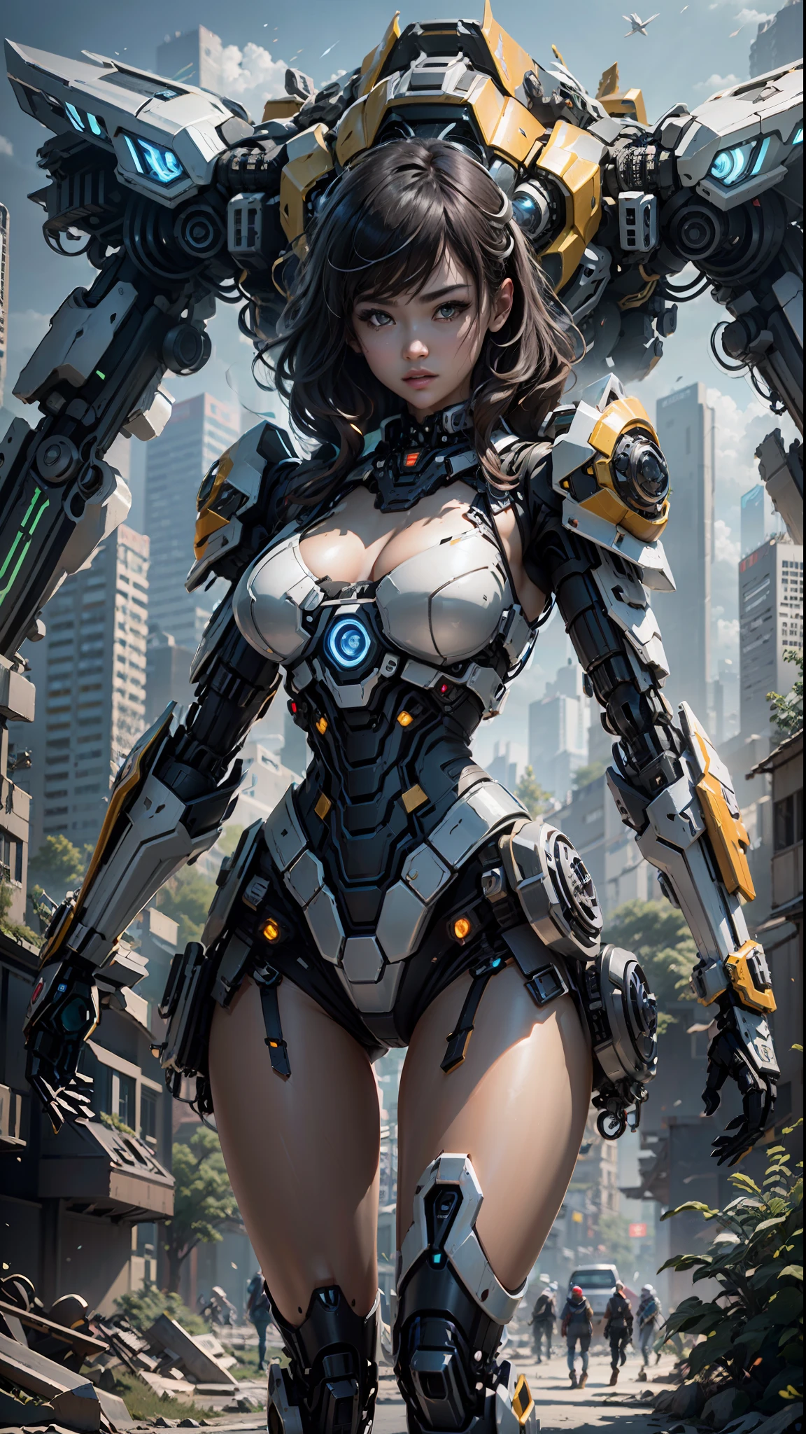 ((Best quality)), ((masterpiece)), (highly detailed:1.3), 3D,Shitu-mecha, beautiful cyberpunk women with her mecha in the ruins of city from a forgoten war, ancient technology,HDR (High Dynamic Range),Ray Tracing,NVIDIA RTX,Super-Resolution,Unreal 5,Subsurface scattering,PBR Texturing,Post-processing,Anisotropic Filtering,Depth-of-field,Maximum clarity and sharpness,Multi-layered textures,Albedo and Specular maps,Surface shading,Accurate simulation of light-material interaction,Perfect proportions,Octane Render,Two-tone lighting,Low ISO,White balance,Rule of thirds,Wide aperature,8K RAW,Efficient Sub-Pixel,sub-pixel convolution,luminescent particles,light scattering,Tyndall effect